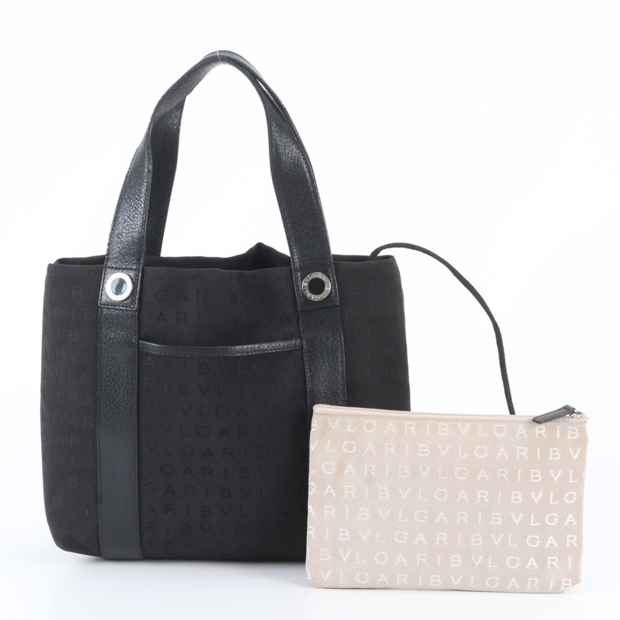 Bvlgari Black Leather Canvas Handbag Pouch Tote Bag (Pre-Owned)
