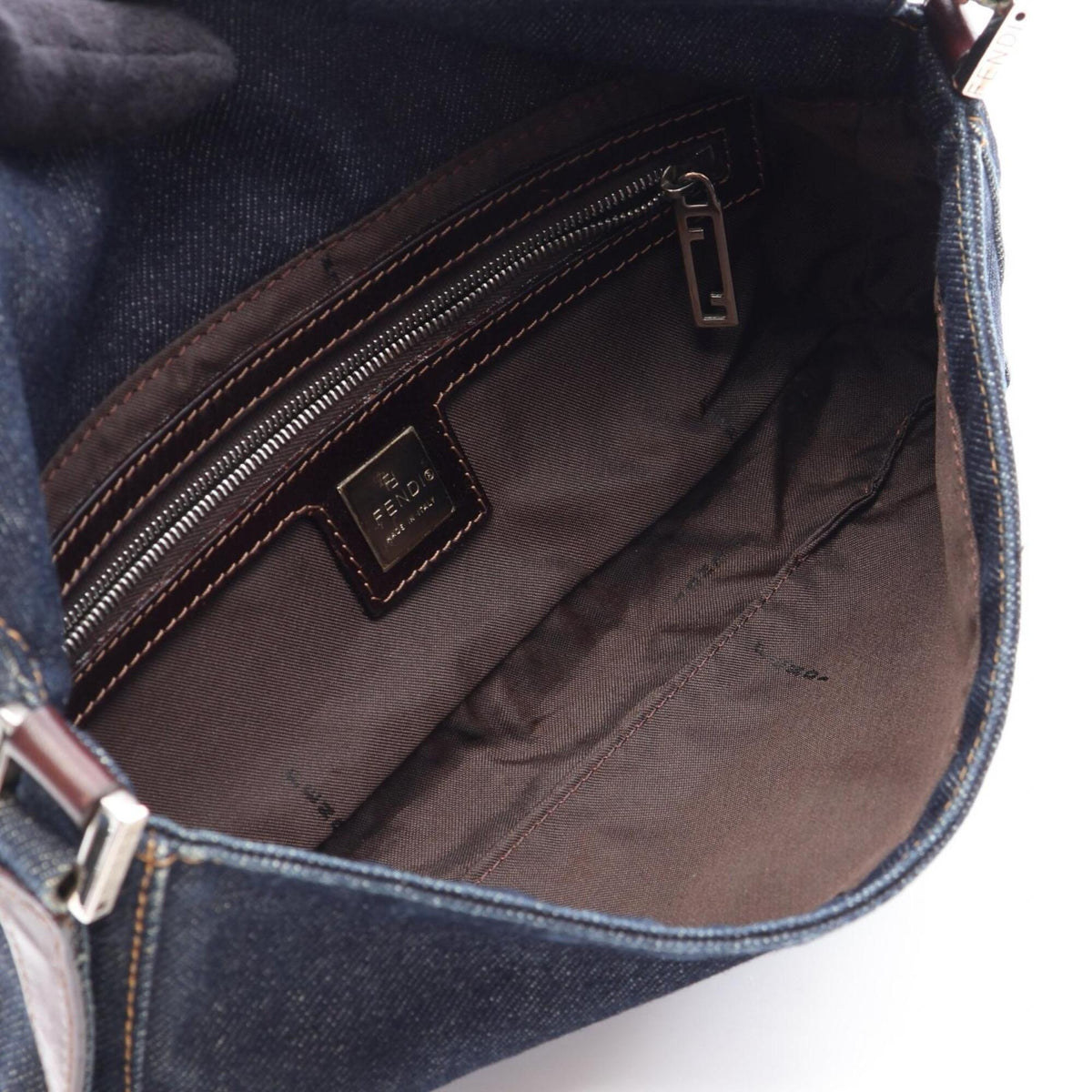 Fendi Brown Navy Denim Leather Handbag Shoulder Bag (Pre-Owned)
