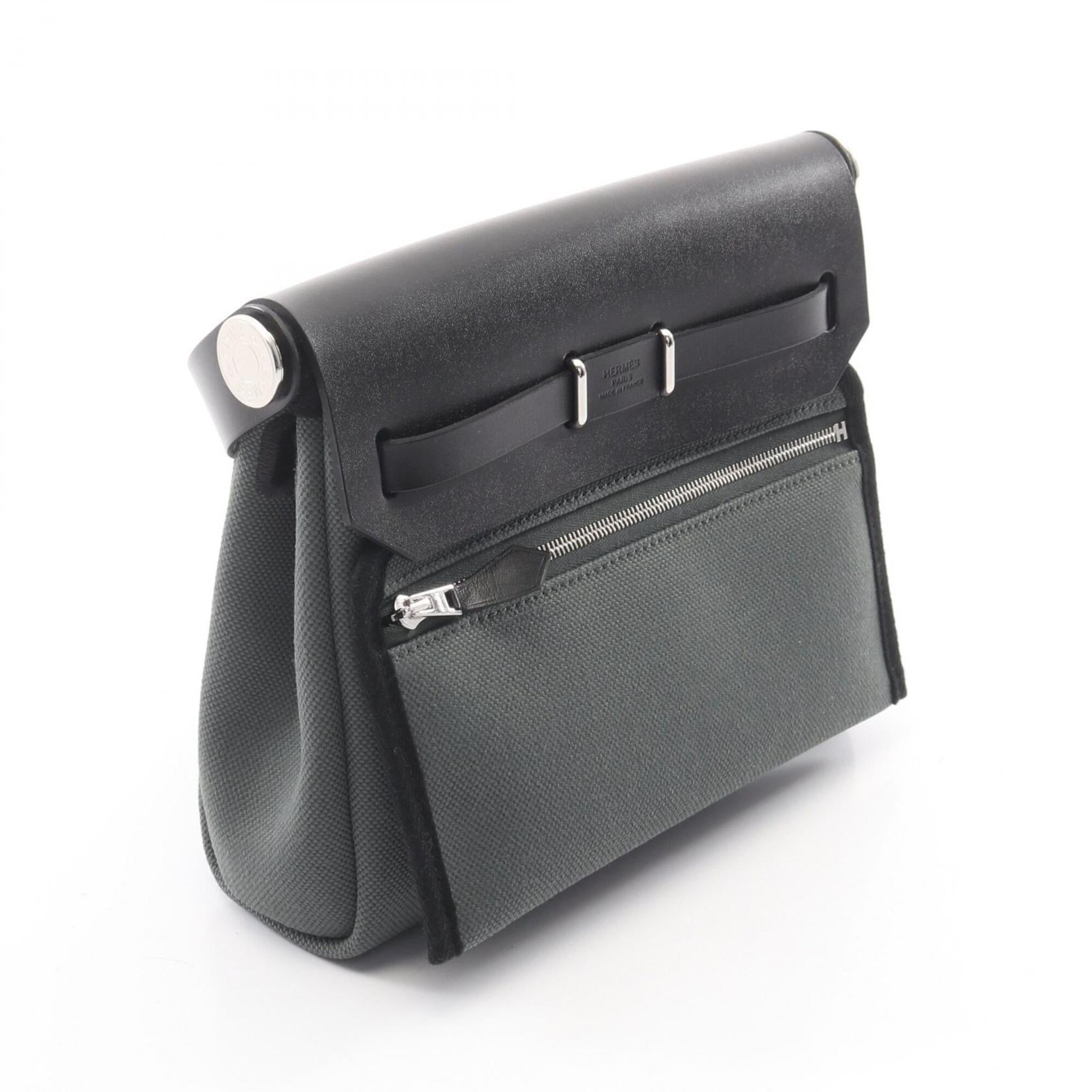 Hermes Black Green Canvas Leather Handbag Shoulder Bag (Pre-Owned)
