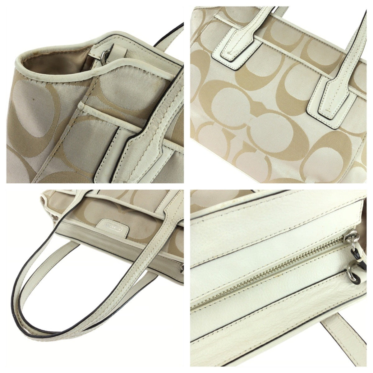 Coach Beige White Canvas Leather Shoulder Bag Tote Bag (Pre-Owned)