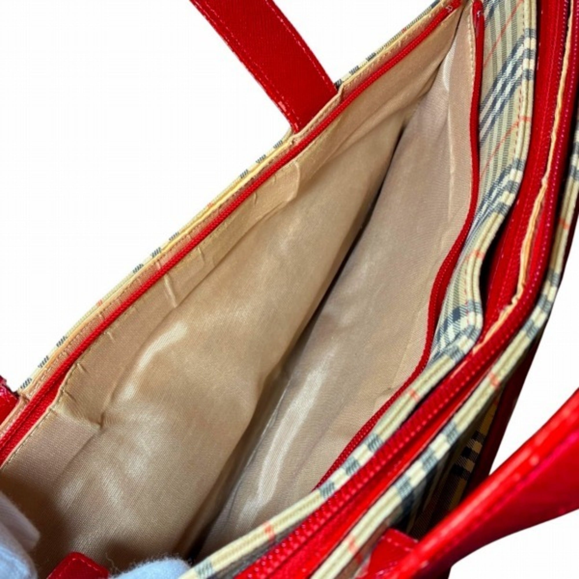 Burberry Beige Red Color Canvas Handbag (Pre-Owned)