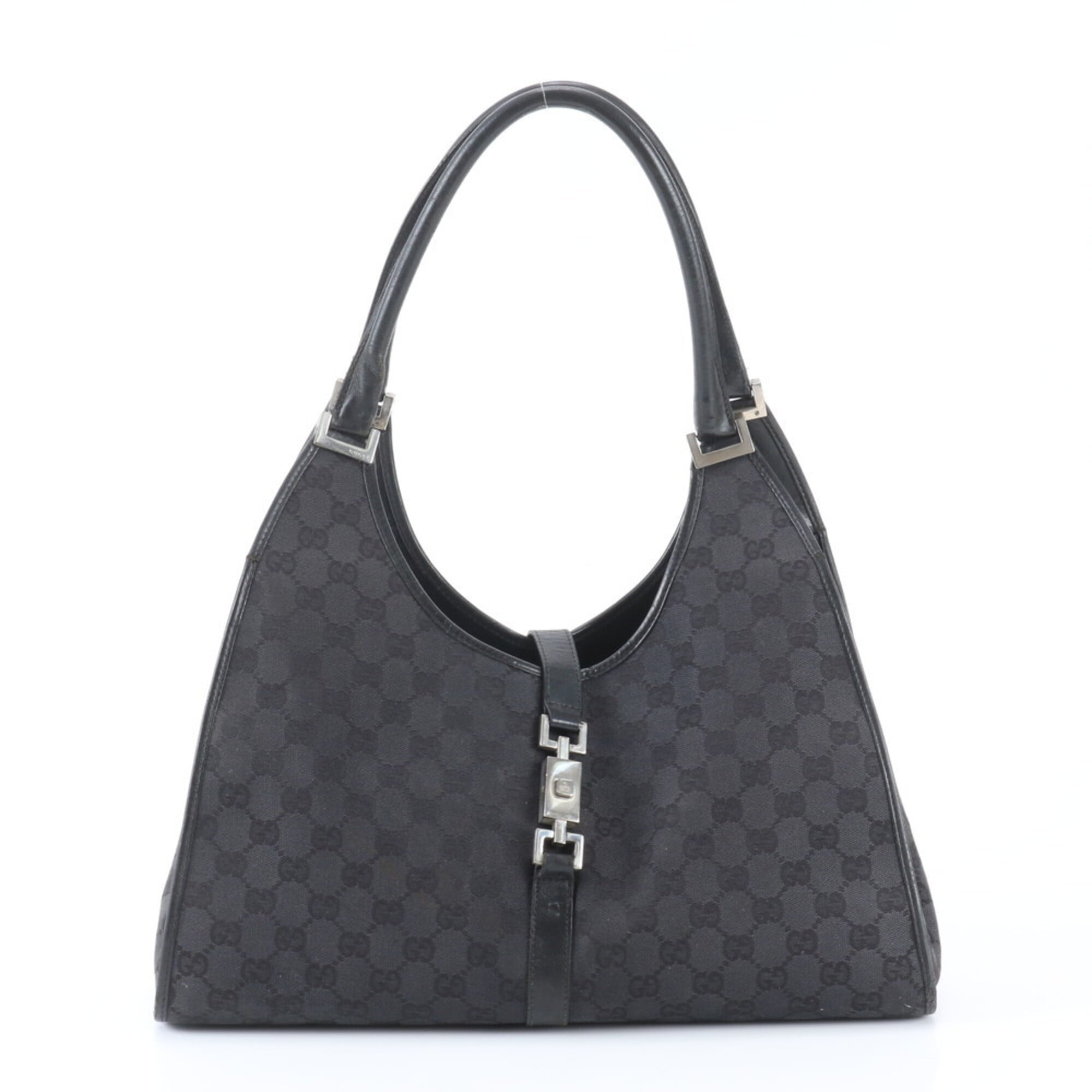 Gucci Jackie Black Leather Canvas Handbag Tote Bag (Pre-Owned)