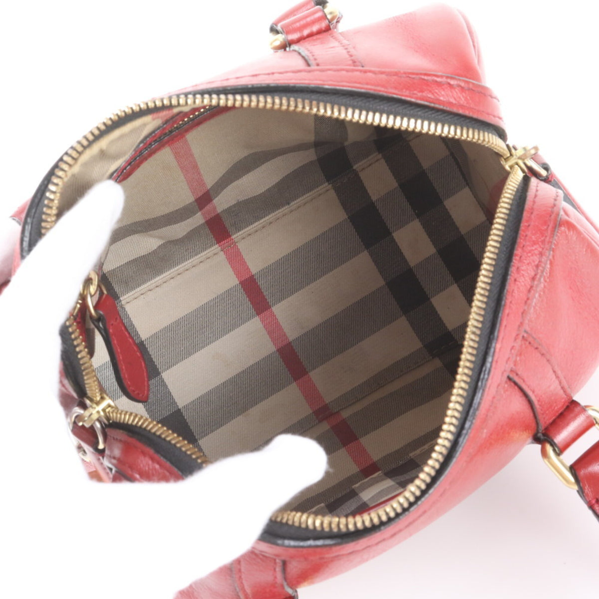 Burberry Red Color Leather Boston Bag Handbag Tote Bag (Pre-Owned)