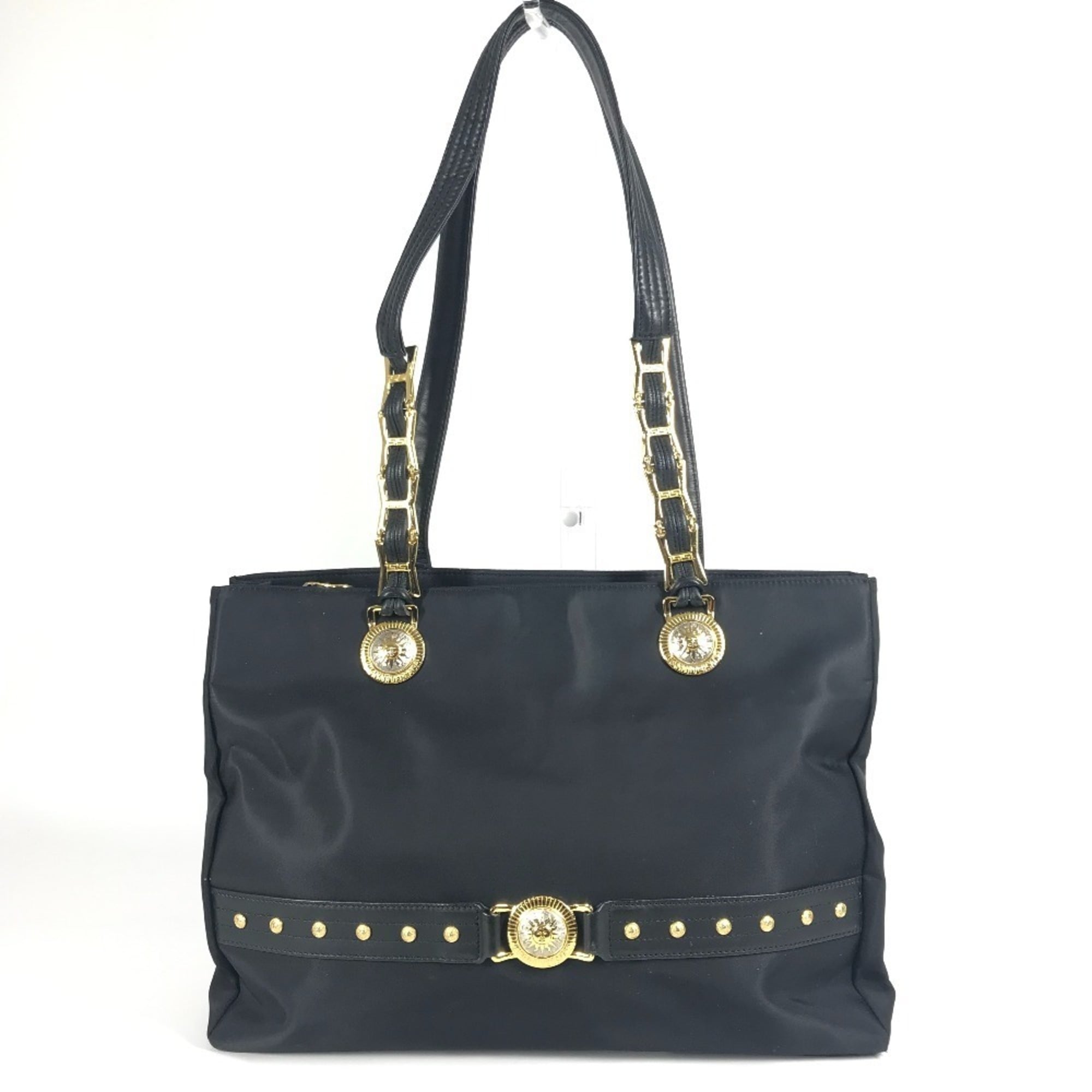 Versace Black Nylon Leather Shoulder Bag Tote Bag (Pre-Owned)