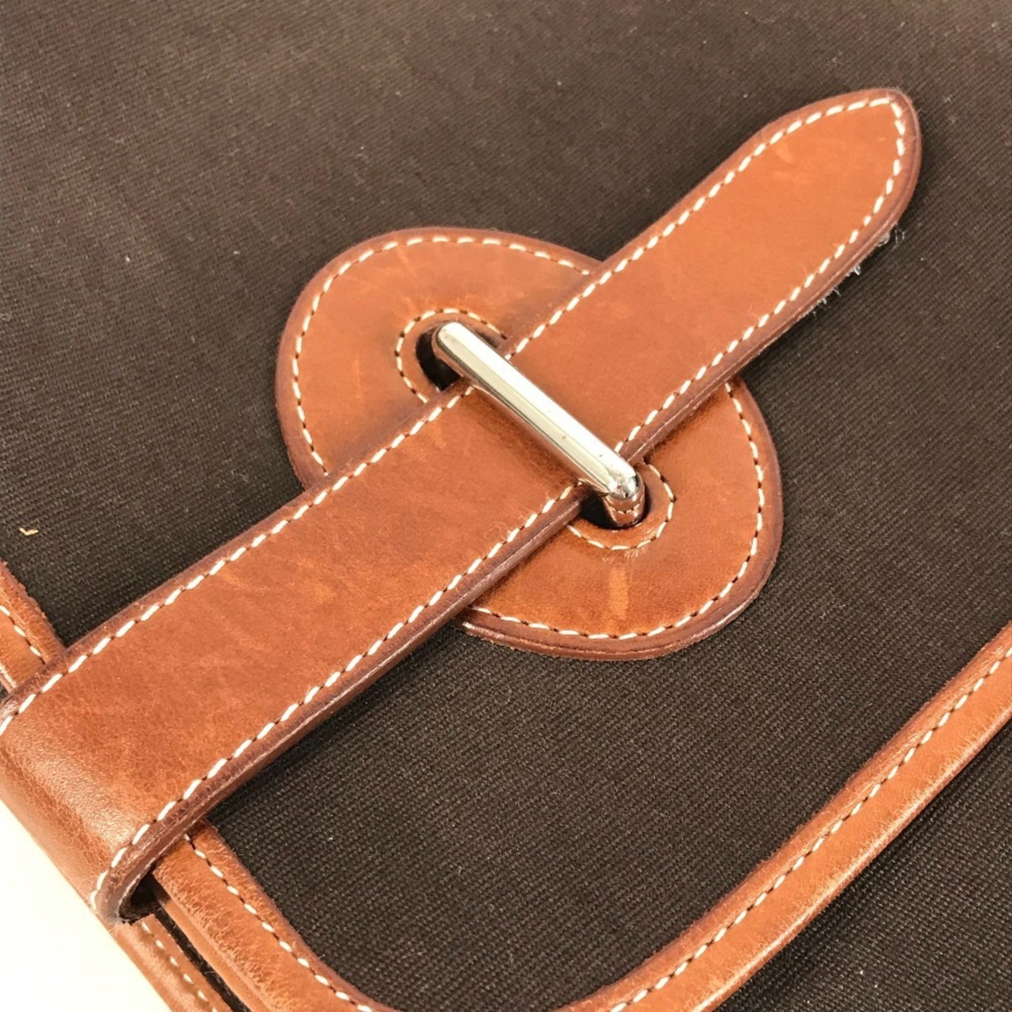 Hermes Buenaventura Brown Leather Canvas Briefcase Tote Bag (Pre-Owned)