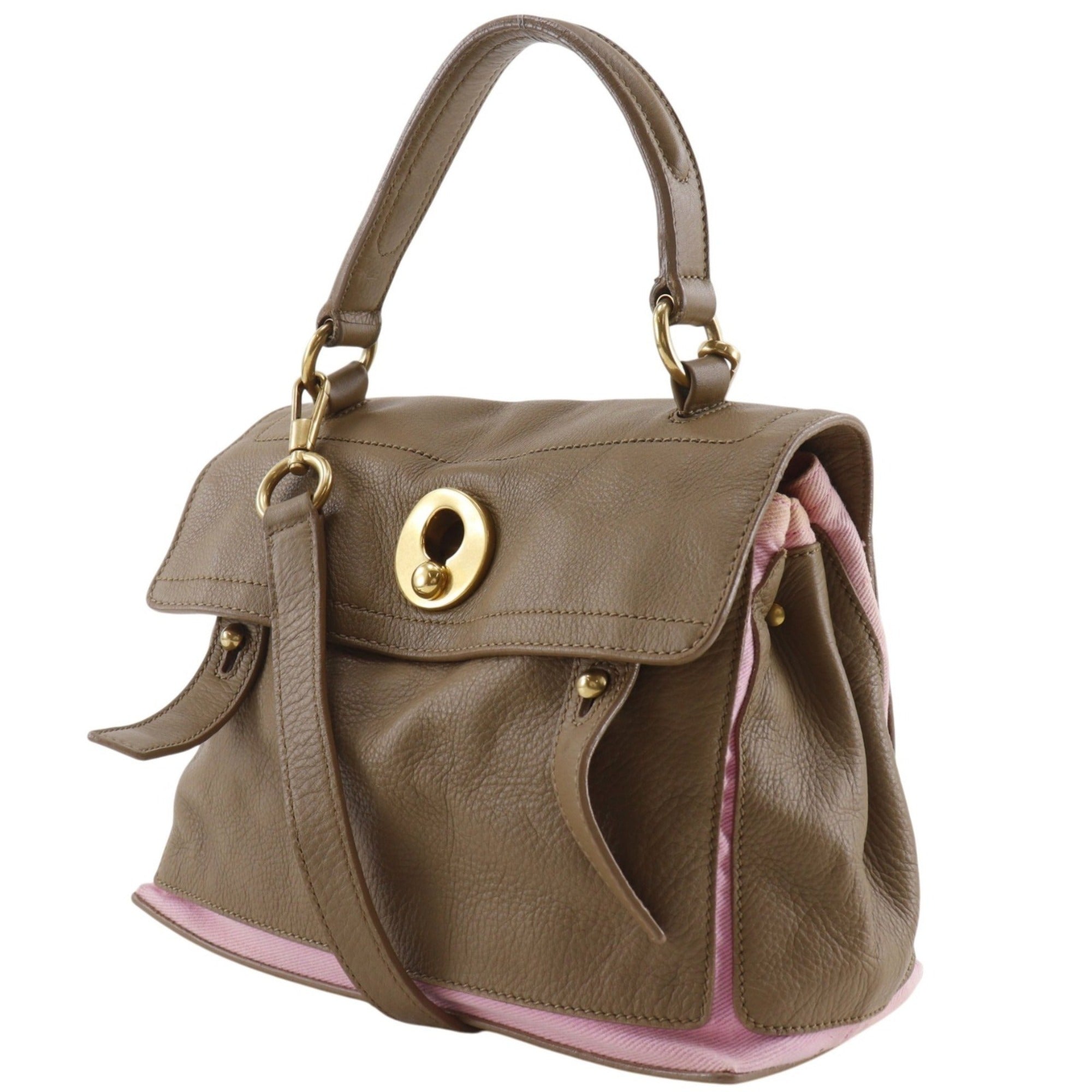 Yves Saint Laurent Brown Pink Leather Canvas Handbag (Pre-Owned)