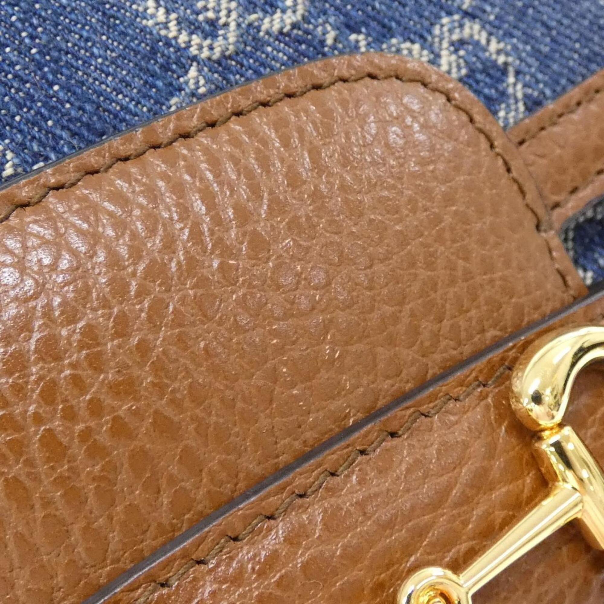 Gucci Dark Blue Ivory Jacquard Denim Leather Shoulder Bag (Pre-Owned)