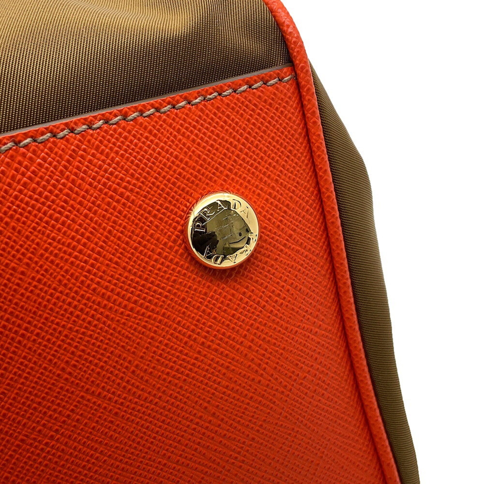 Prada Khaki Orange Nylon Leather Handbag Shoulder Bag (Pre-Owned)
