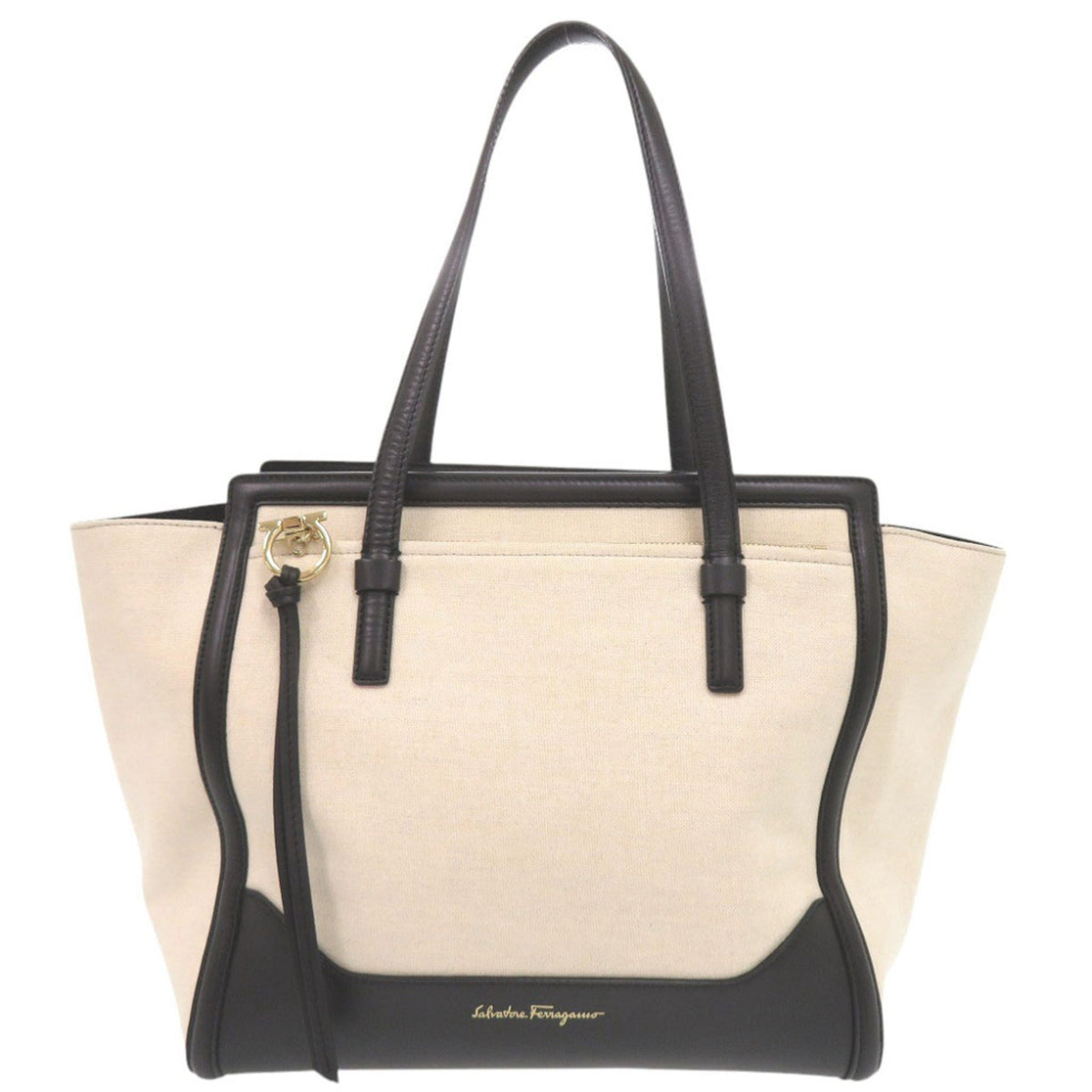 Salvatore Ferragamo Black Ivory Leather Canvas Tote Bag (Pre-Owned)