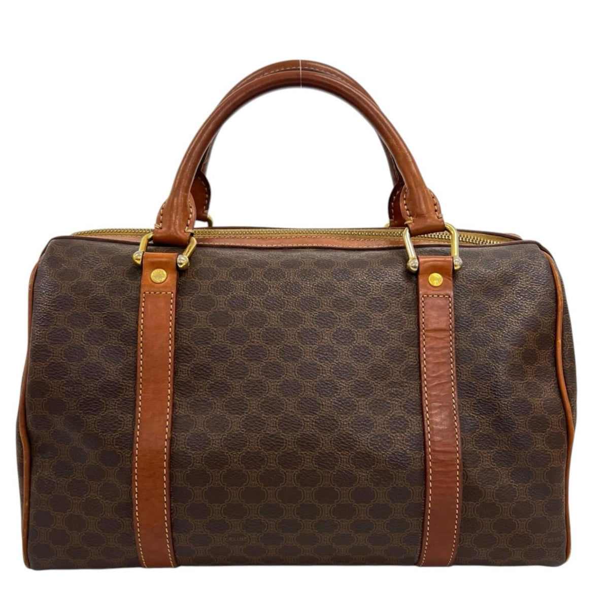Celine Brown Coated Canvas Leather Boston Bag Handbag (Pre-Owned)