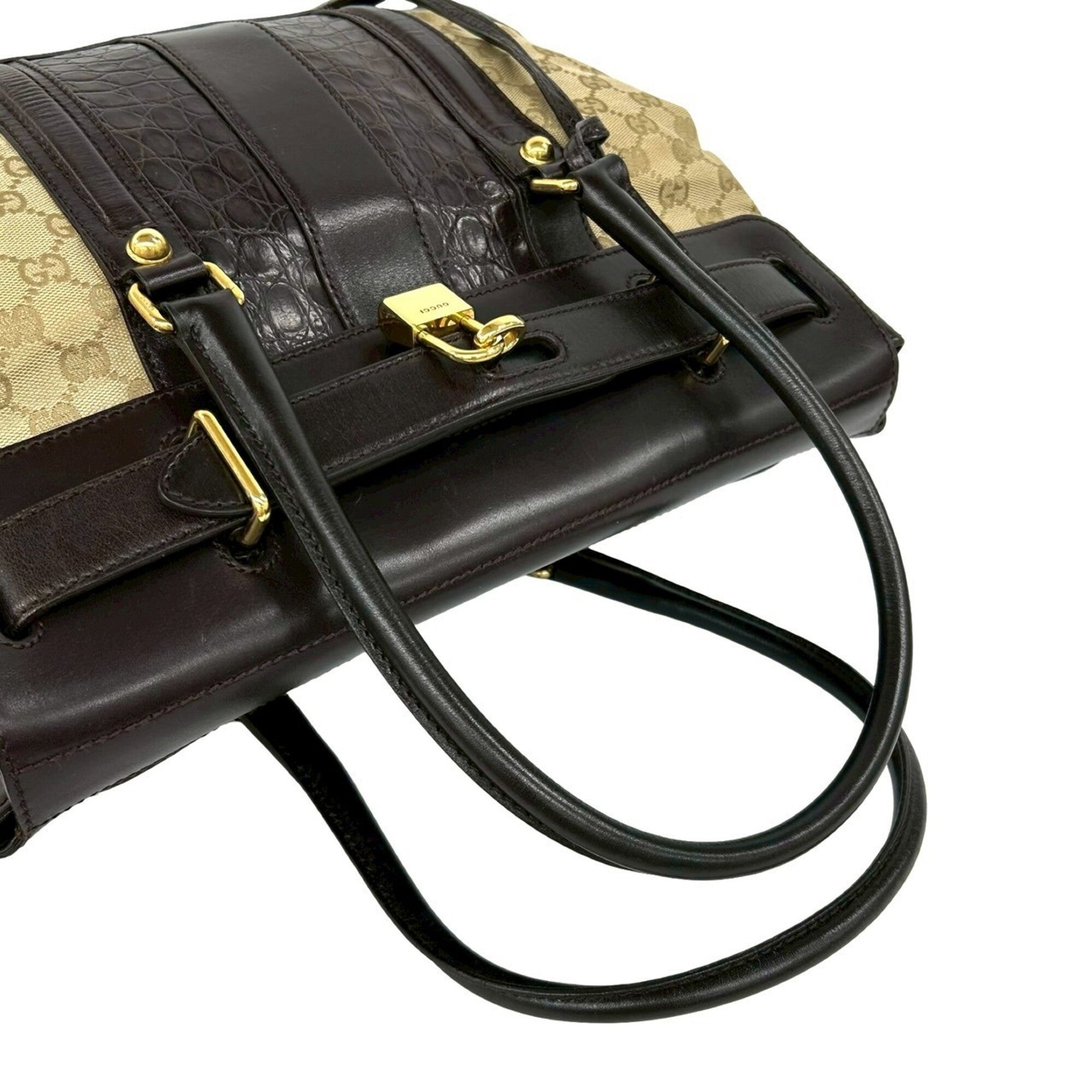 Gucci Beige Brown Canvas Leather Boston Bag Handbag Tote Bag (Pre-Owned)