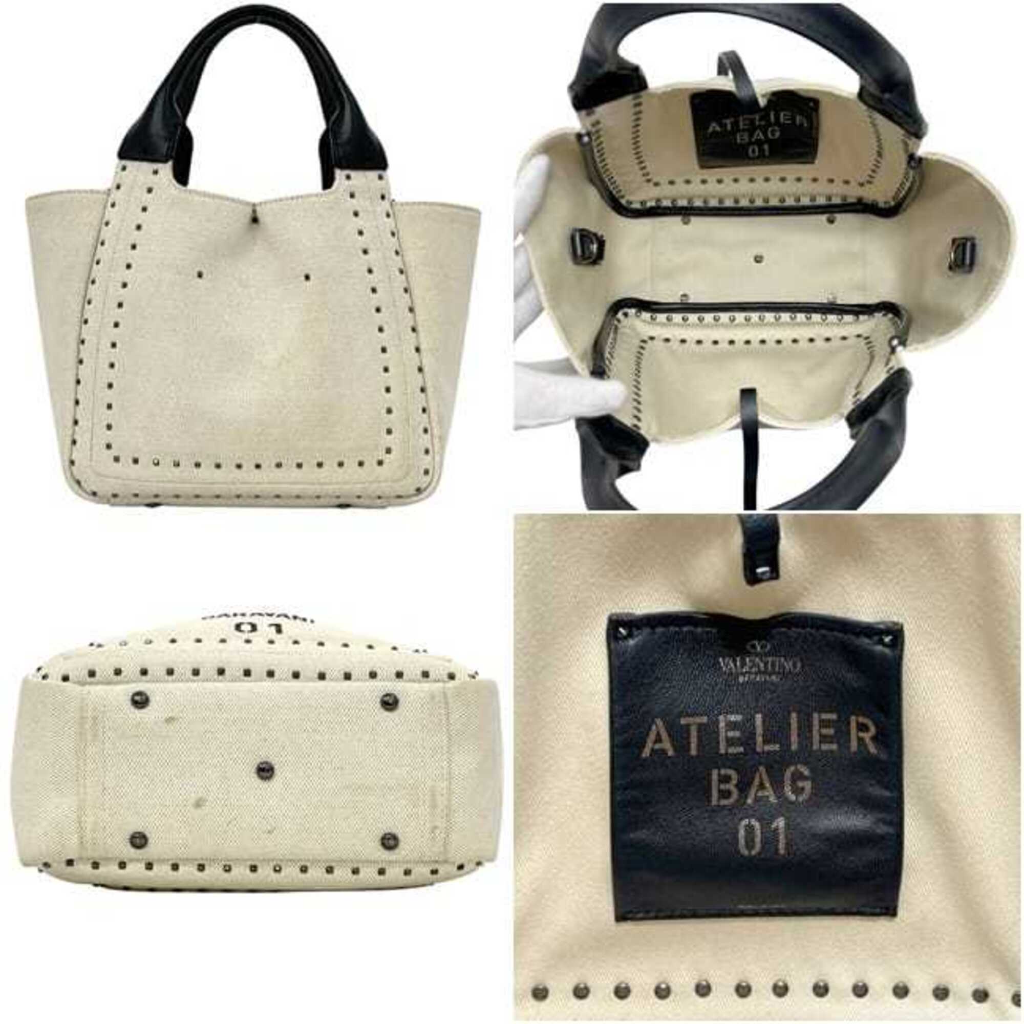 Valentino Garavani Beige Black Canvas Leather Handbag Shoulder Bag (Pre-Owned)