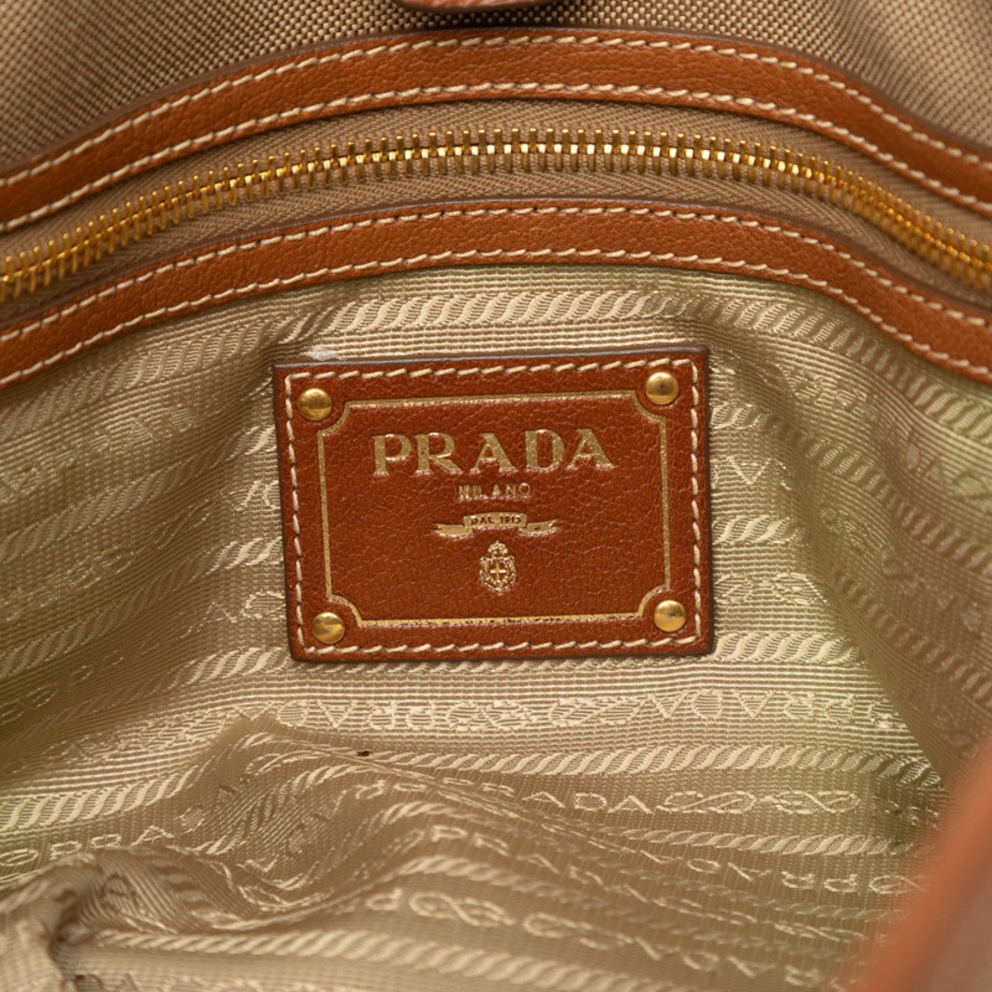Prada Beige Brown Canvas Leather Shoulder Bag Tote Bag (Pre-Owned)