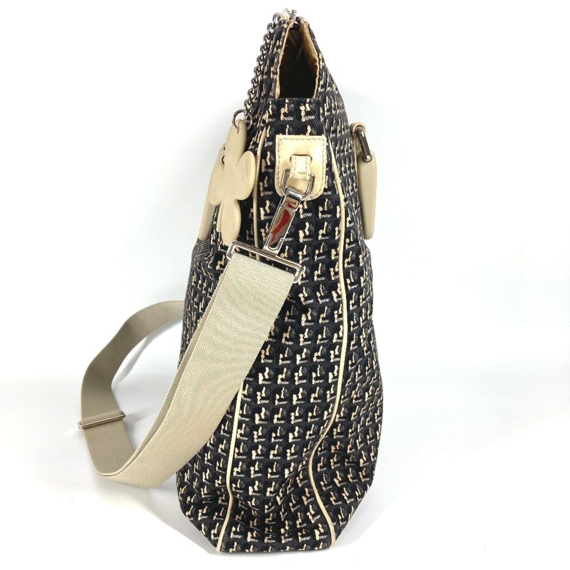 Chanel Beige Black Canvas Leather Handbag Shoulder Bag (Pre-Owned)
