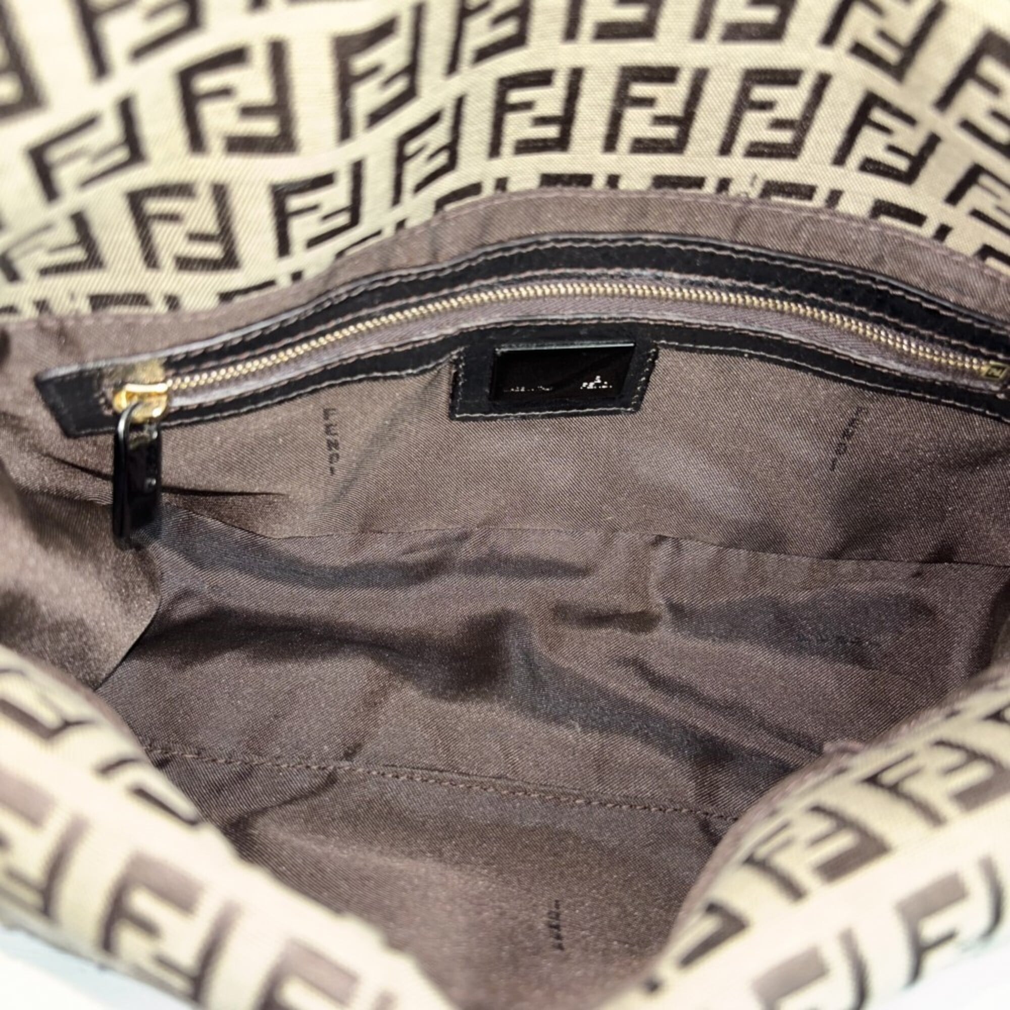 Fendi Beige Brown Gunmetal White Leather Canvas Handbag (Pre-Owned)
