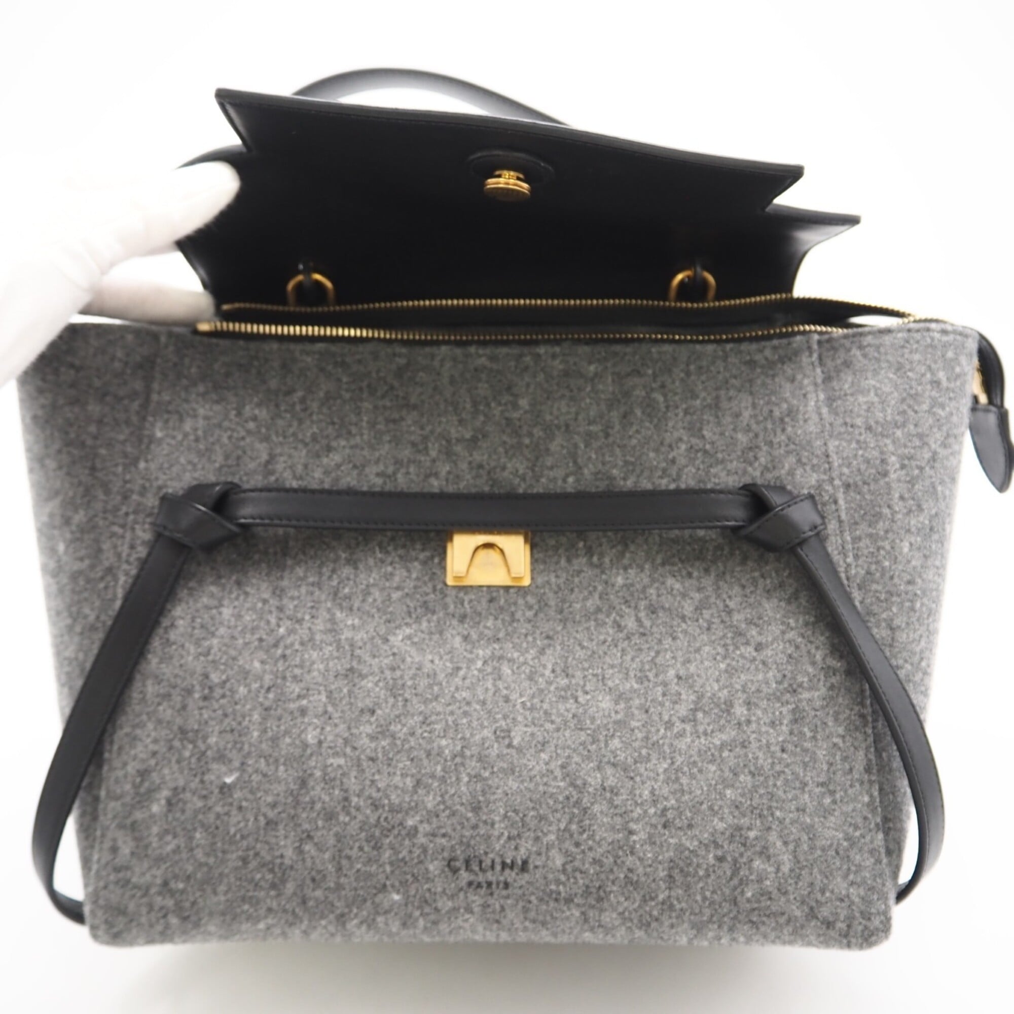 Celine Black Gray Felt Leather Handbag (Pre-Owned)