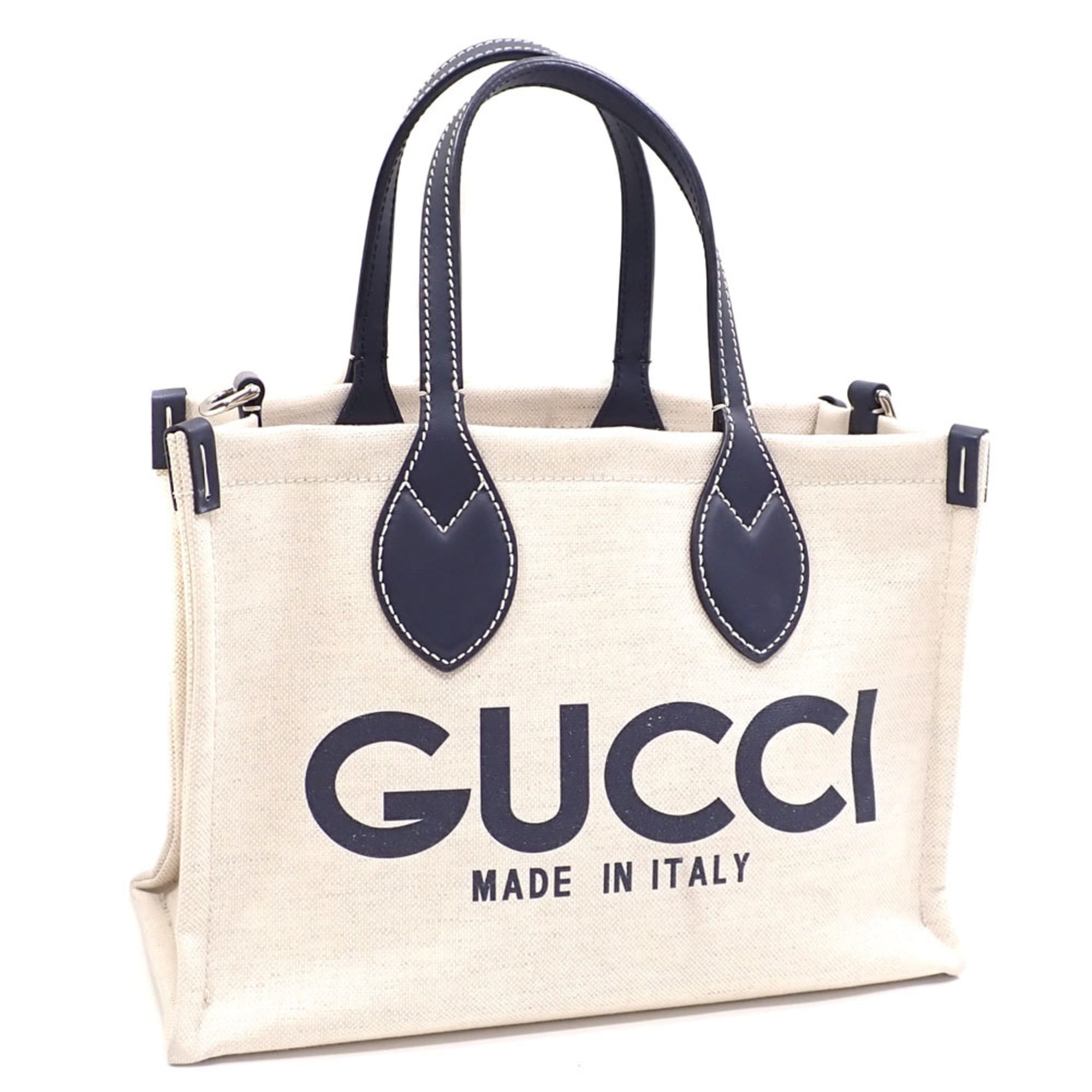 Gucci Beige Navy Canvas Leather Tote Bag (Pre-Owned)