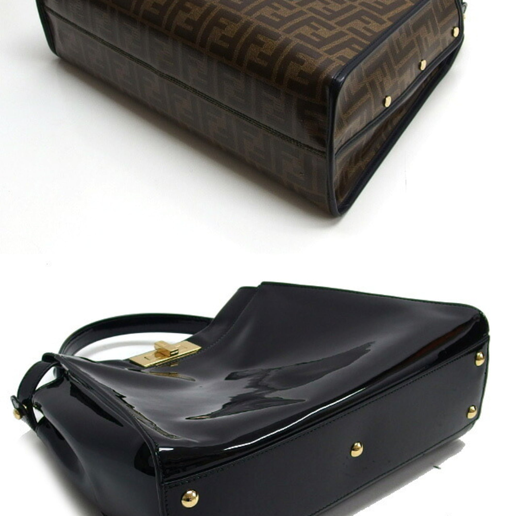 Fendi Peekaboo Black Brown Dark Brown Coated Canvas Patent Leather Handbag (Pre-Owned)