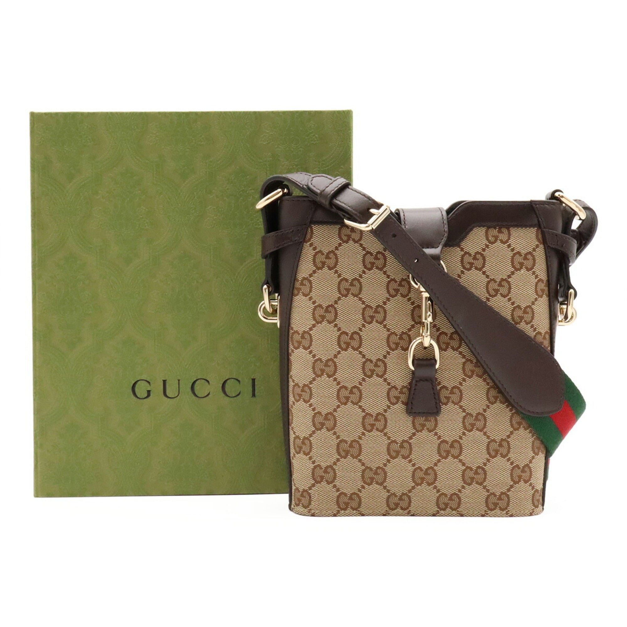 Gucci Beige Dark Brown Green Red Color Canvas Leather Shoulder Bag (Pre-Owned)