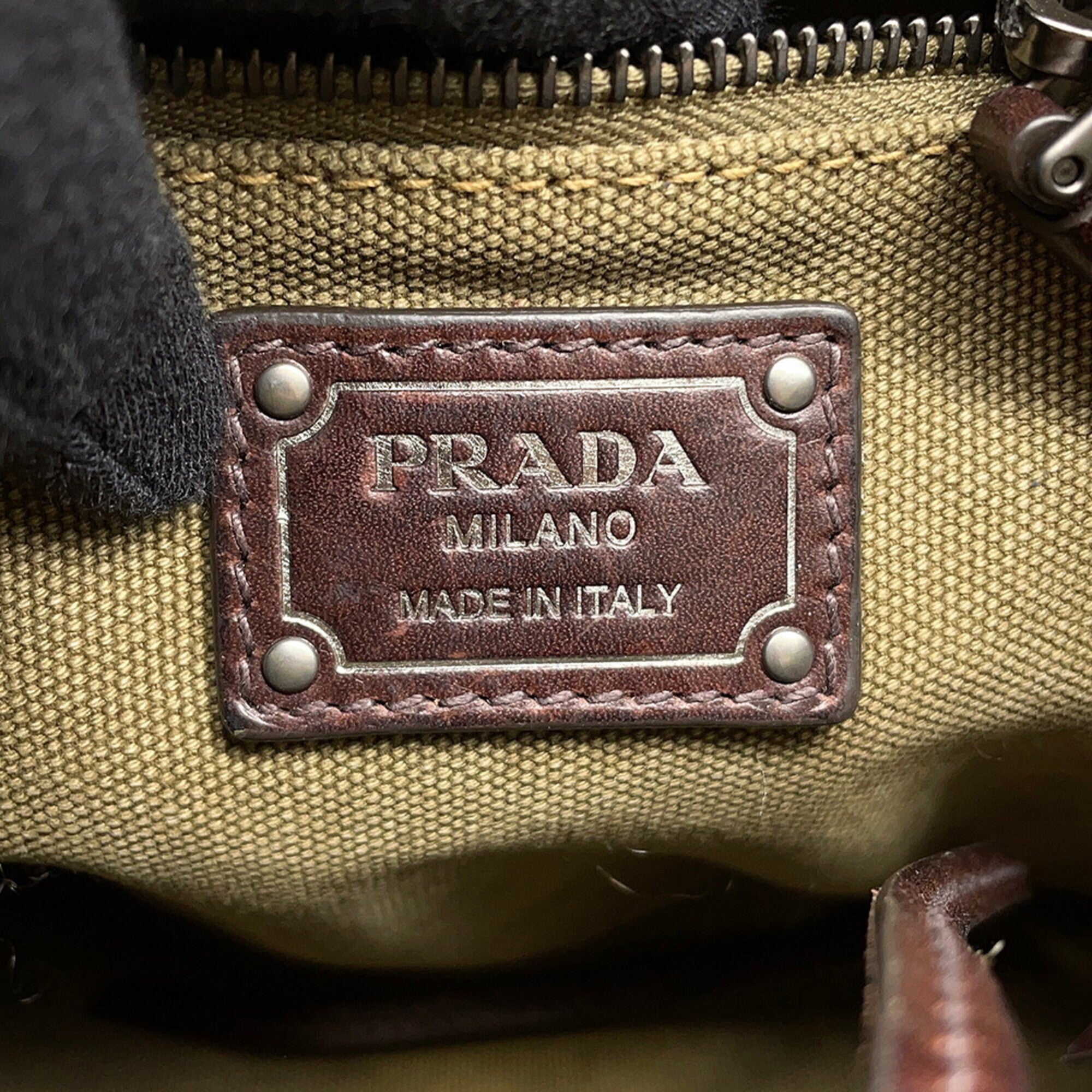 Prada Khaki Brown Canvas Leather Handbag Shoulder Bag (Pre-Owned)