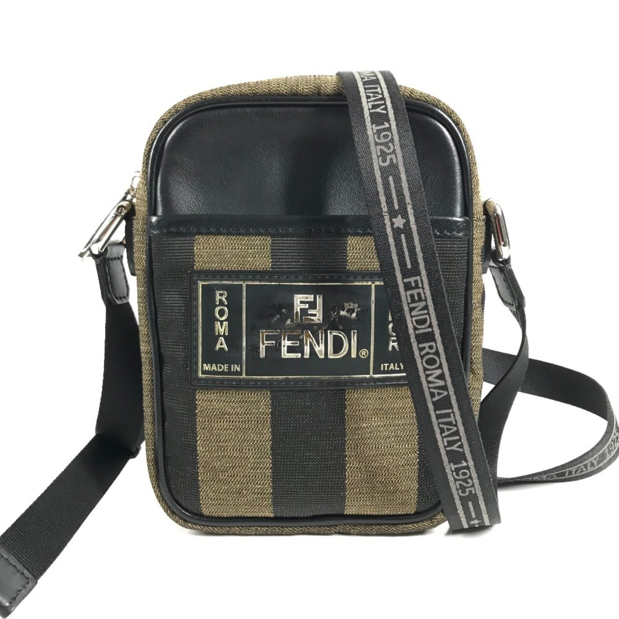 Fendi Black Khaki Leather Canvas Pochette Shoulder Bag (Pre-Owned)