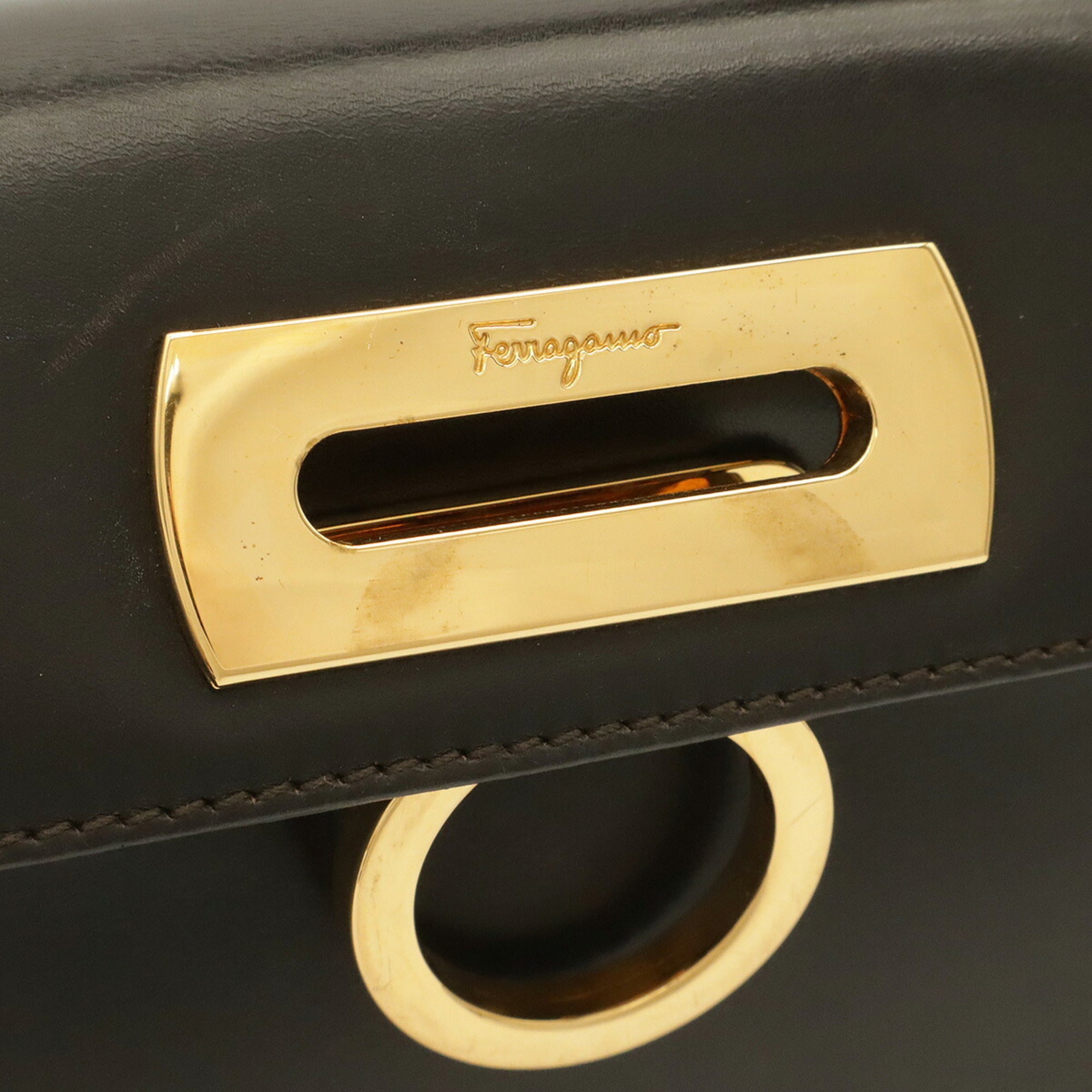 Salvatore Ferragamo Gancini Dark Brown Leather Handbag Shoulder Bag (Pre-Owned)