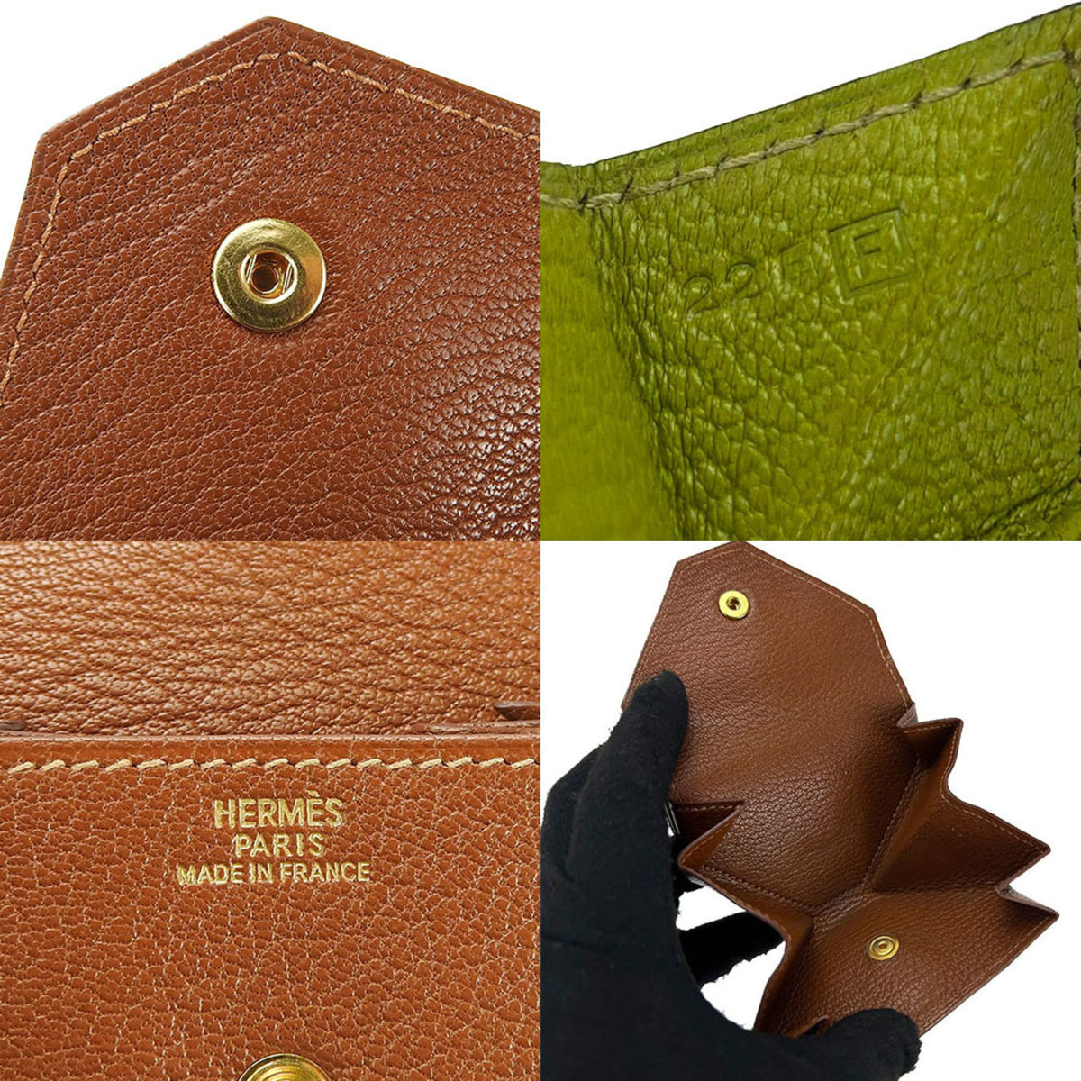 Hermes Le 24 Brown Green Chevre Leather Coin Purse/Coin Case (Pre-Owned)