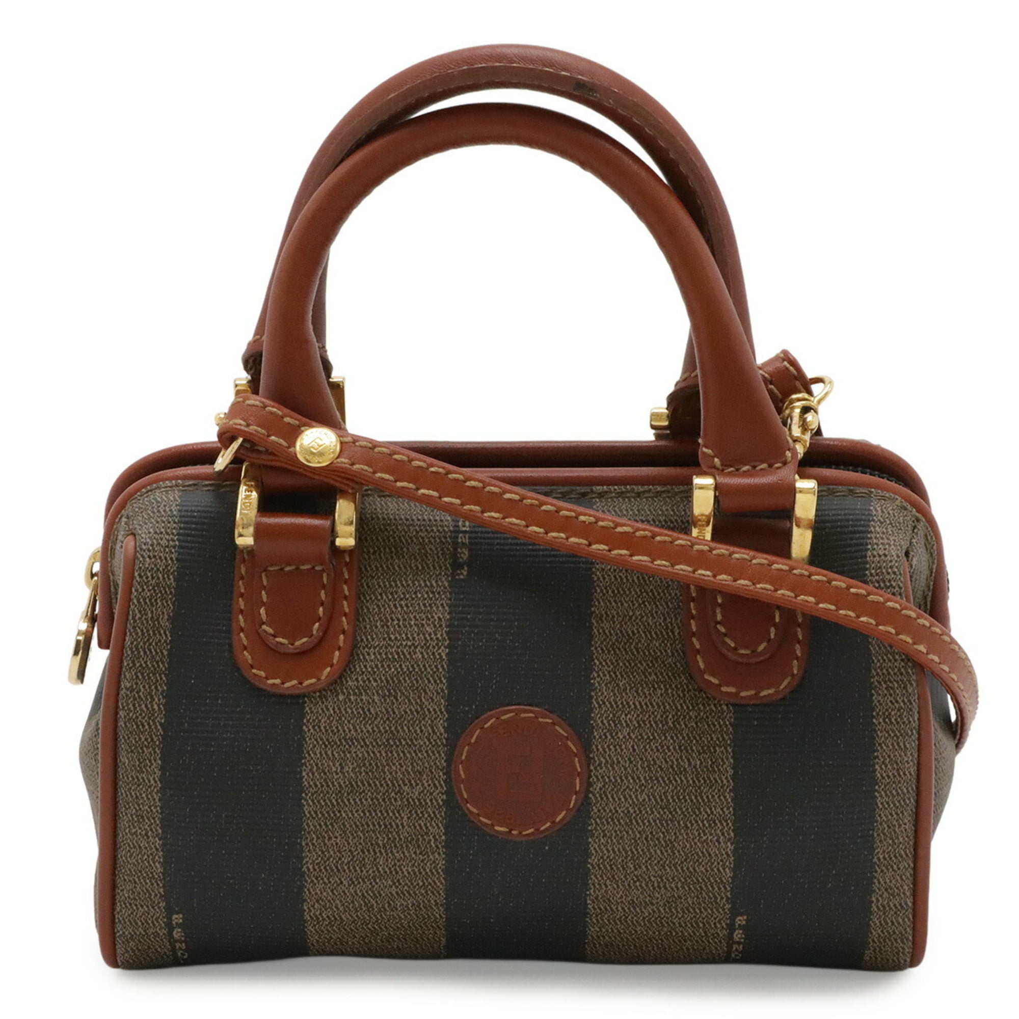 Fendi Black Khaki Light Brown Coated Canvas Leather Boston Bag Handbag Shoulder Bag (Pre-Owned)