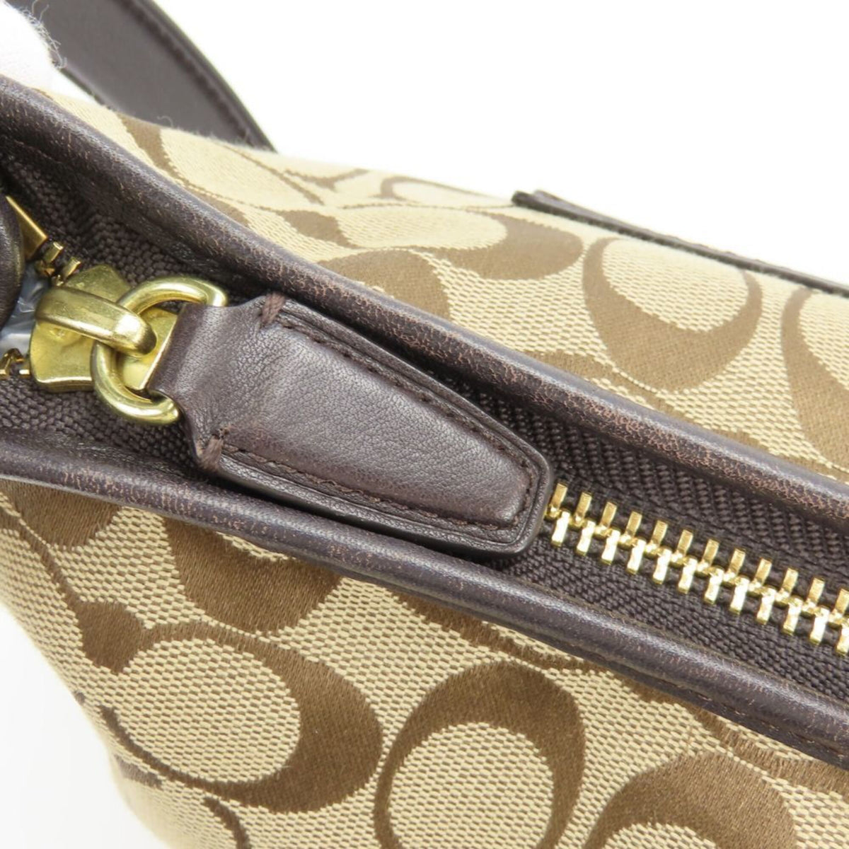 Coach Signature Beige Dark Brown Canvas Leather Shoulder Bag (Pre-Owned)