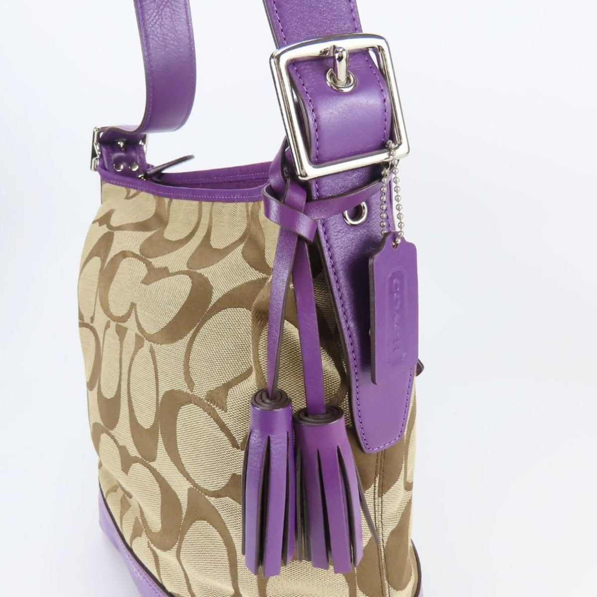 Coach Beige Purple Leather Canvas Shoulder Bag (Pre-Owned)