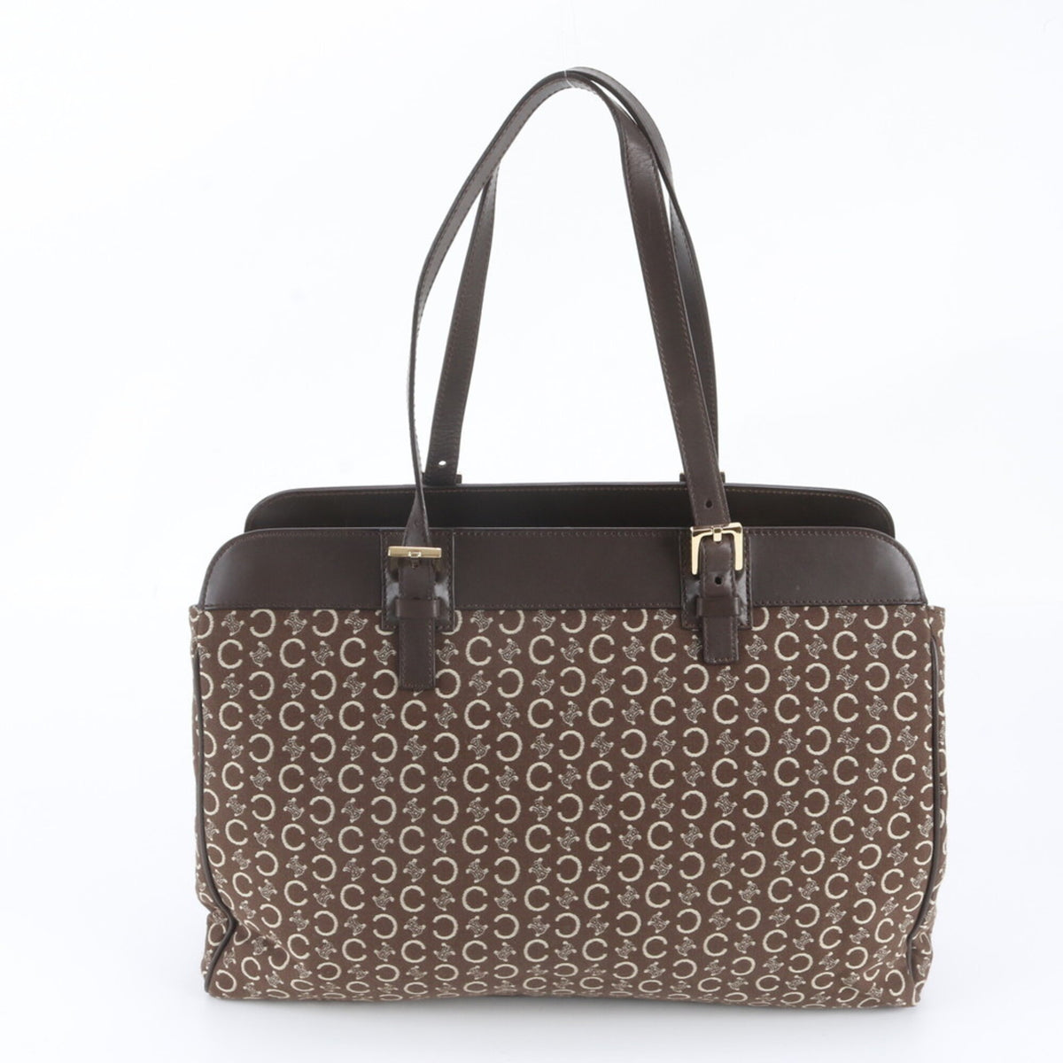 Celine Dark Brown Leather Canvas Handbag Shoulder Bag Tote Bag (Pre-Owned)