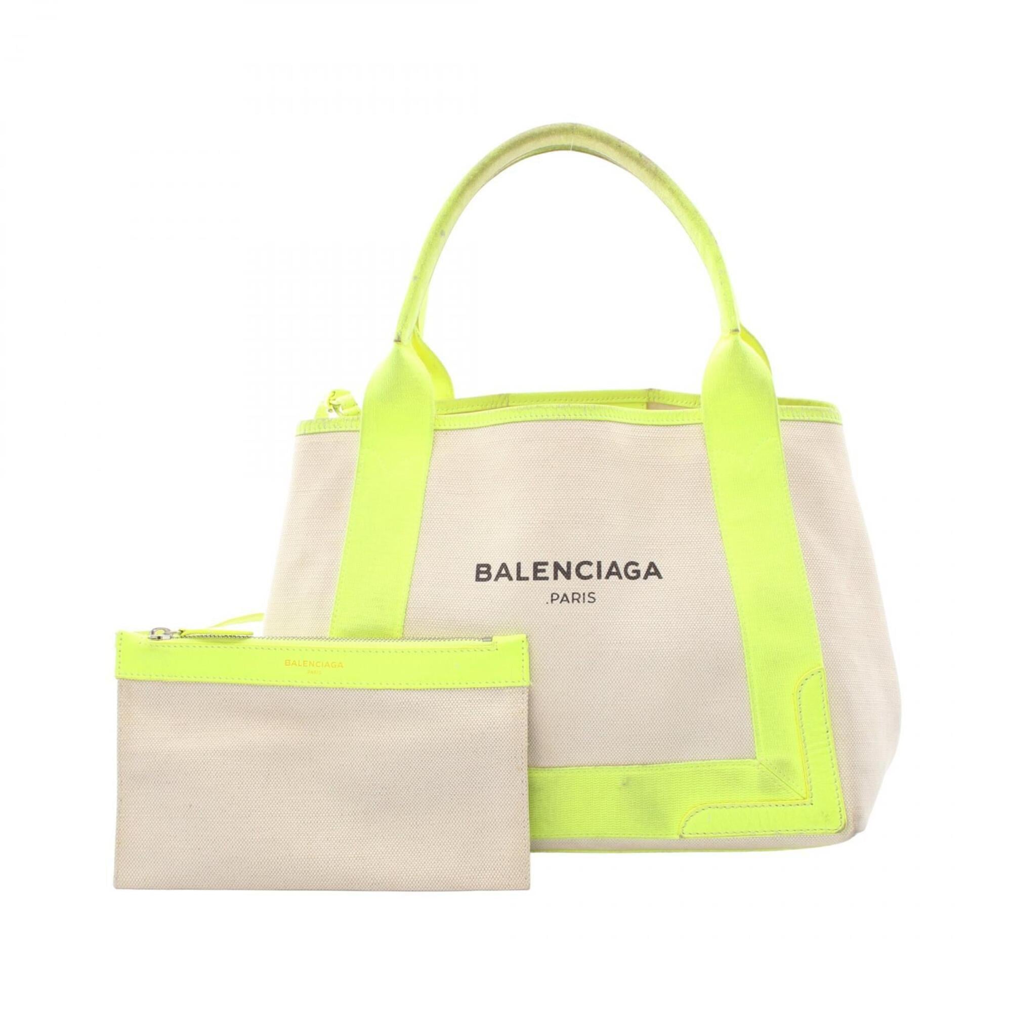 Balenciaga White Yellow Canvas Leather Handbag Pouch Tote Bag (Pre-Owned)