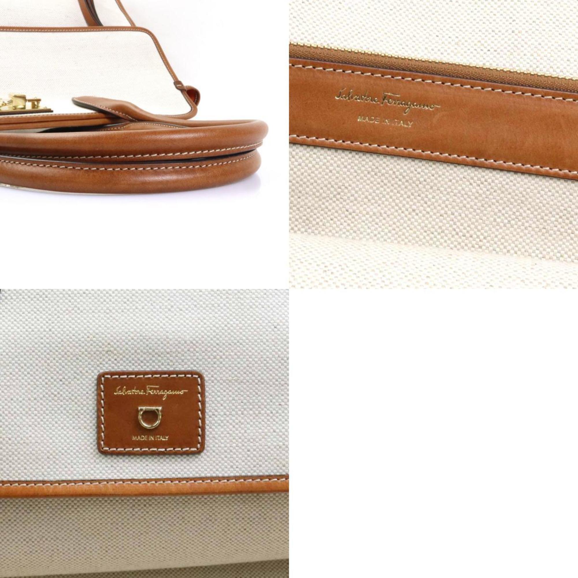 Salvatore Ferragamo Brown Ivory Canvas Leather Handbag (Pre-Owned)