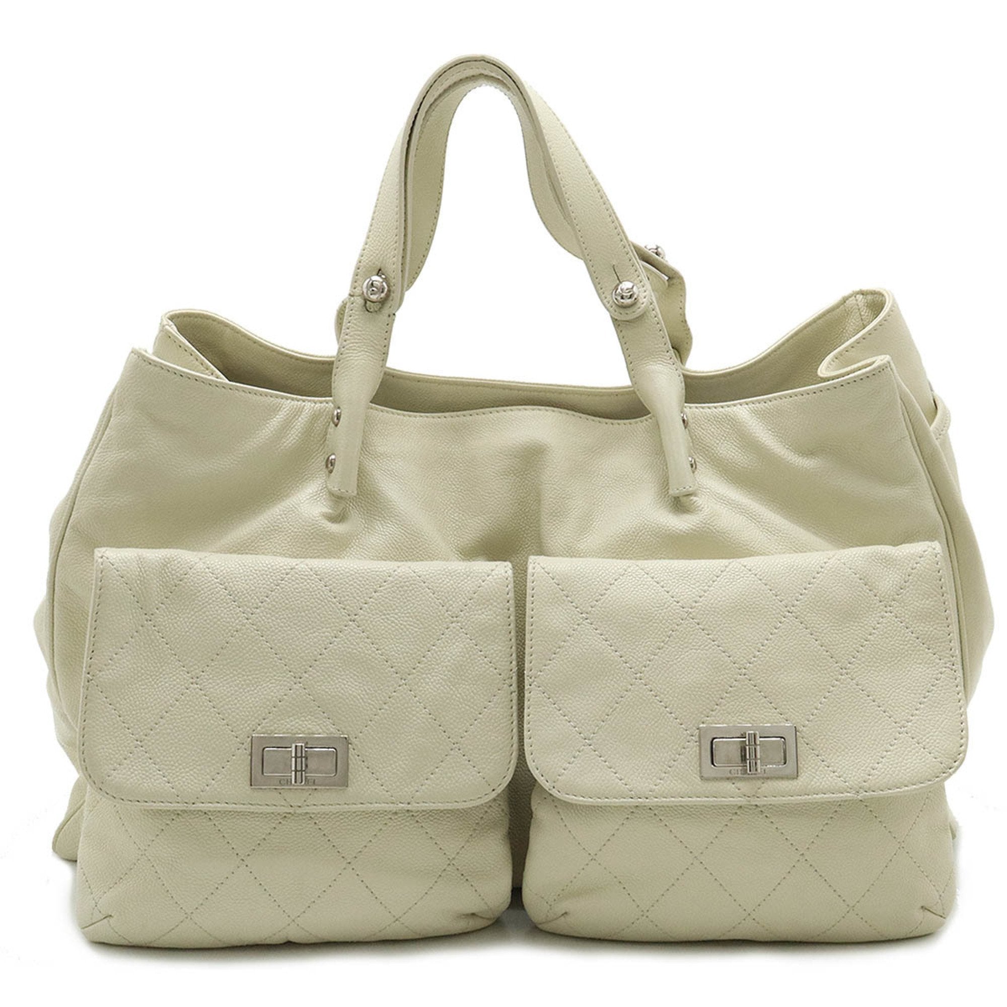 Chanel 2.55 Ivory White Caviar Leather Handbag Tote Bag (Pre-Owned)