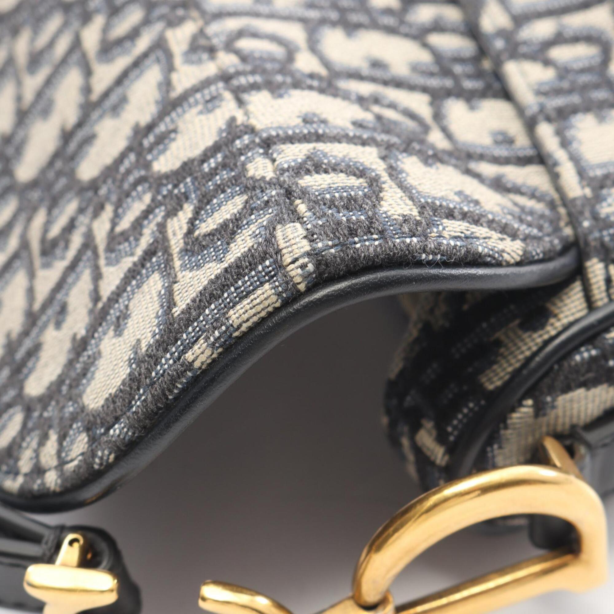 Christian Dior Beige Navy Canvas Leather Handbag Saddle Bag (Pre-Owned)