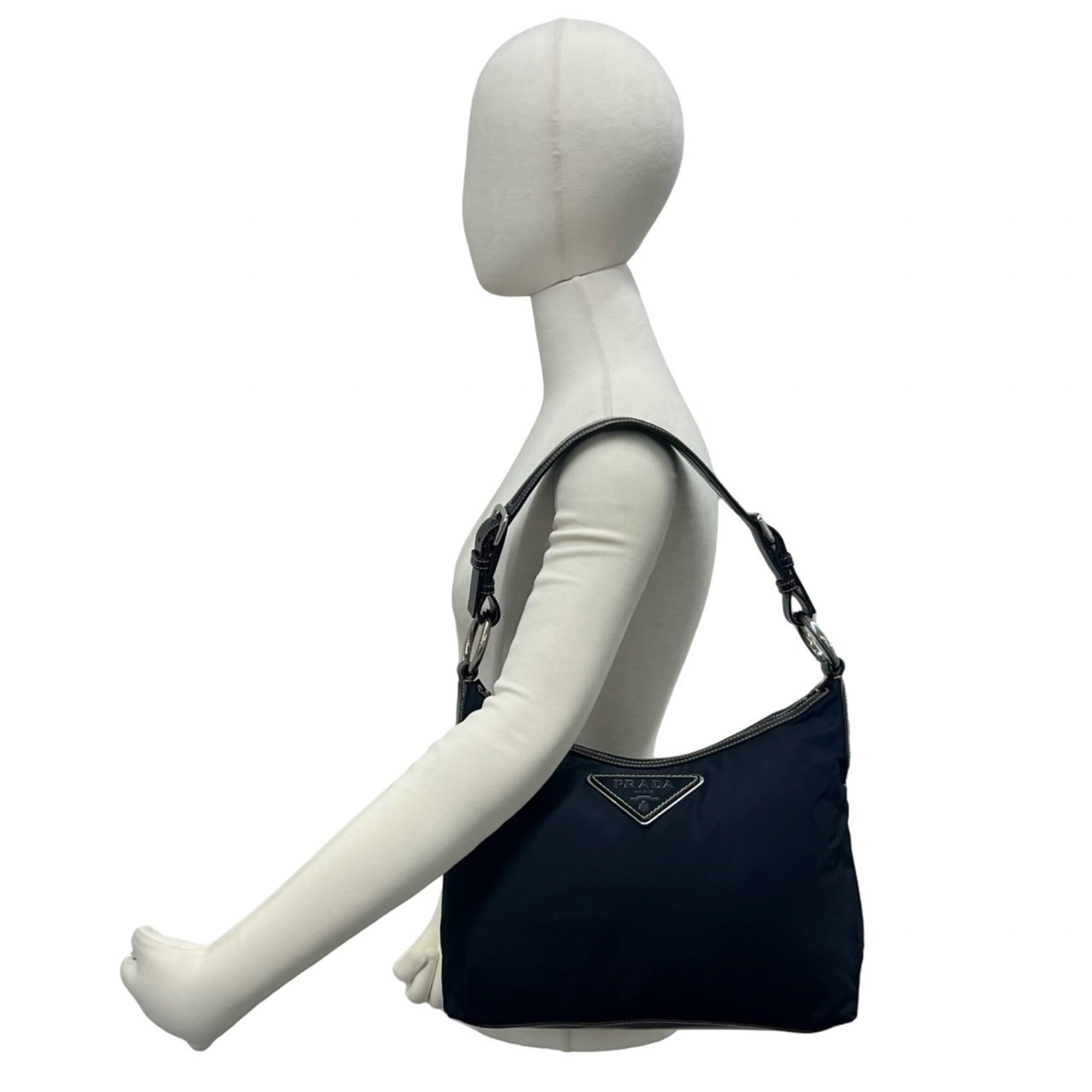 Prada Navy Nylon Leather Shoulder Bag Tote Bag (Pre-Owned)