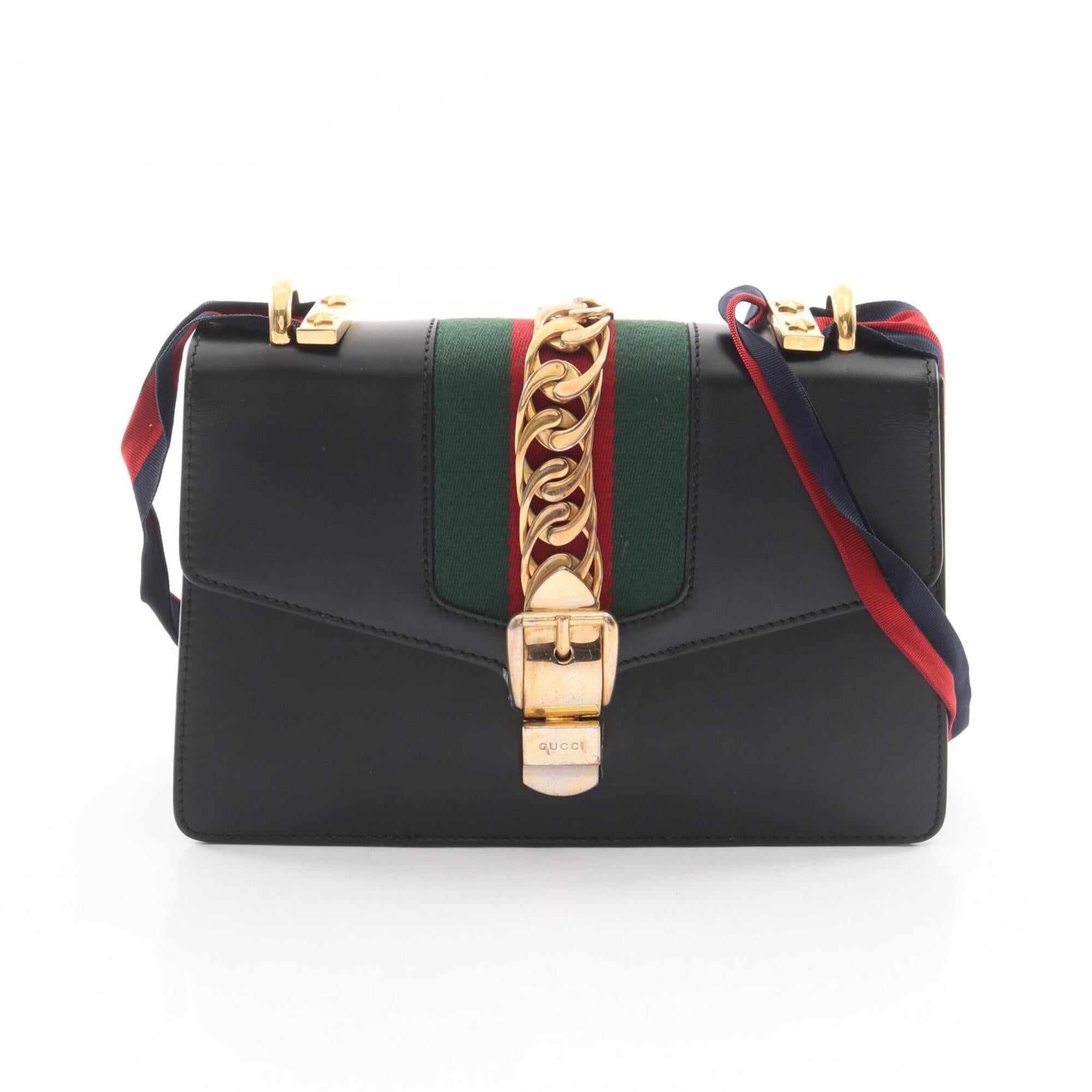 Gucci Black Green Red Color Leather Handbag Shoulder Bag (Pre-Owned)