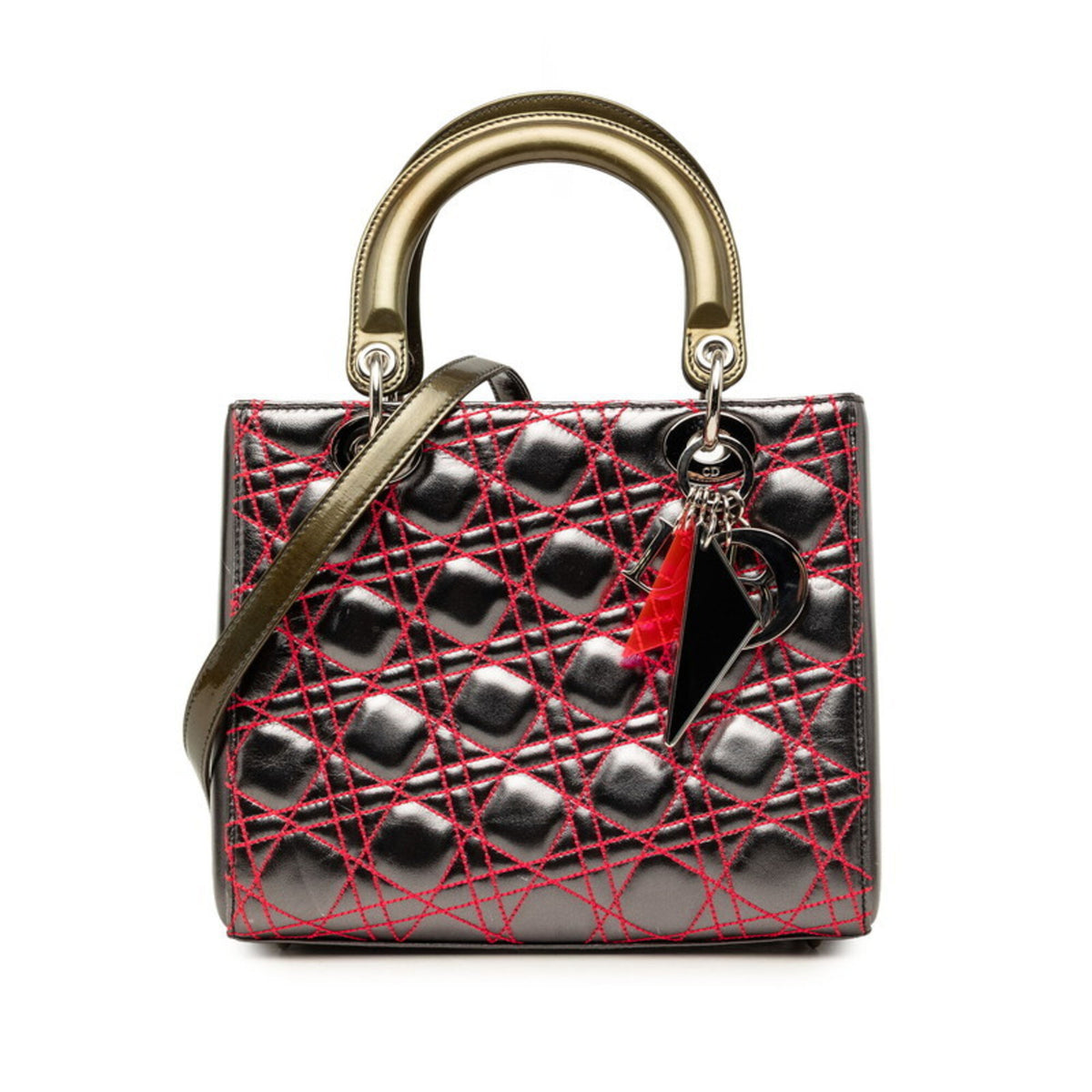 Christian Dior Lady Dior Metallic Green Silver Pink Leather Handbag Shoulder Bag (Pre-Owned)