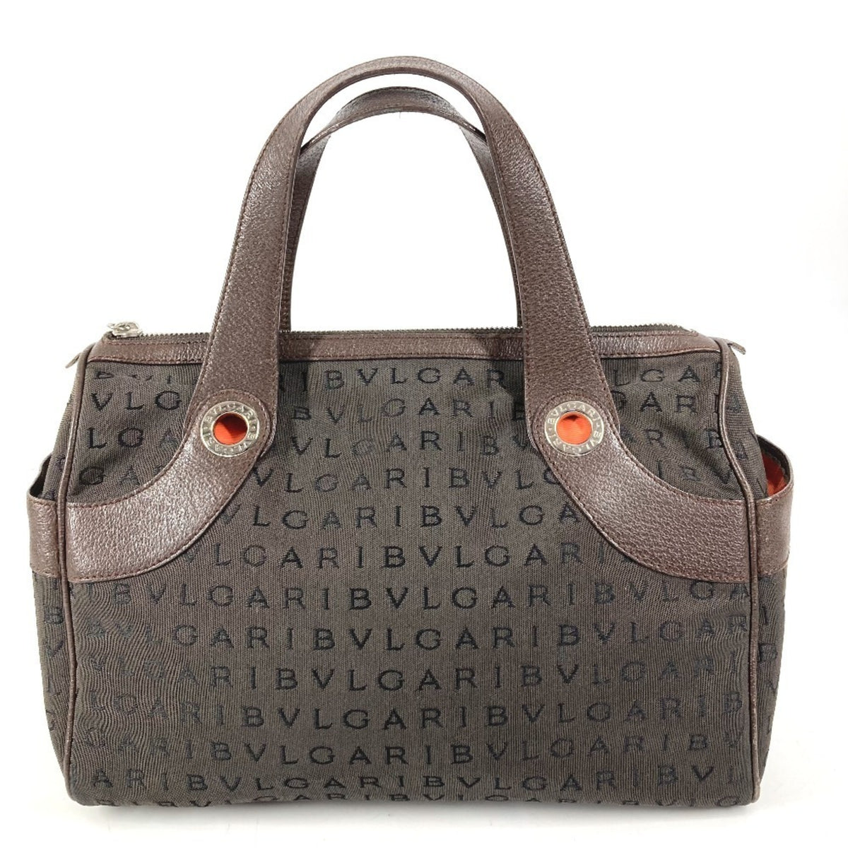 Bvlgari Logomania Brown Leather Canvas Boston Bag Handbag Tote Bag (Pre-Owned)