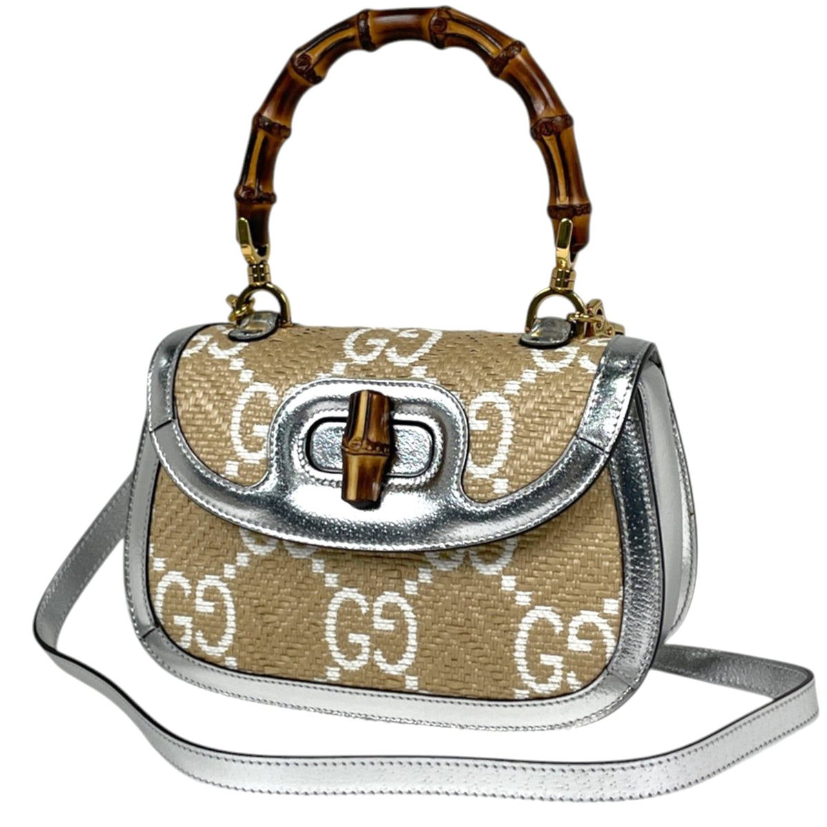 Gucci Beige Silver Raffia Patent Leather Handbag (Pre-Owned)