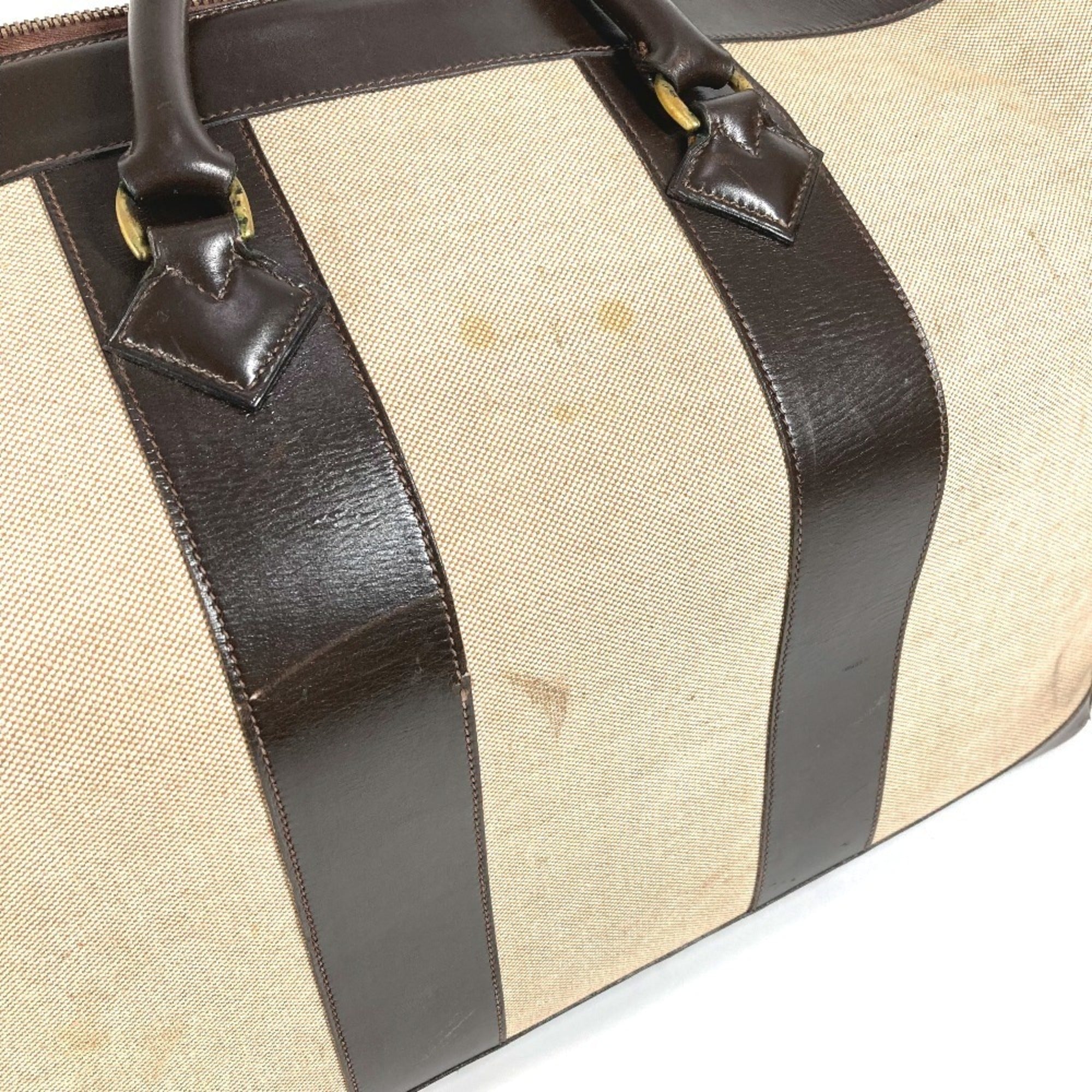 Hermes Beige Dark Brown Leather Canvas Boston Bag (Pre-Owned)