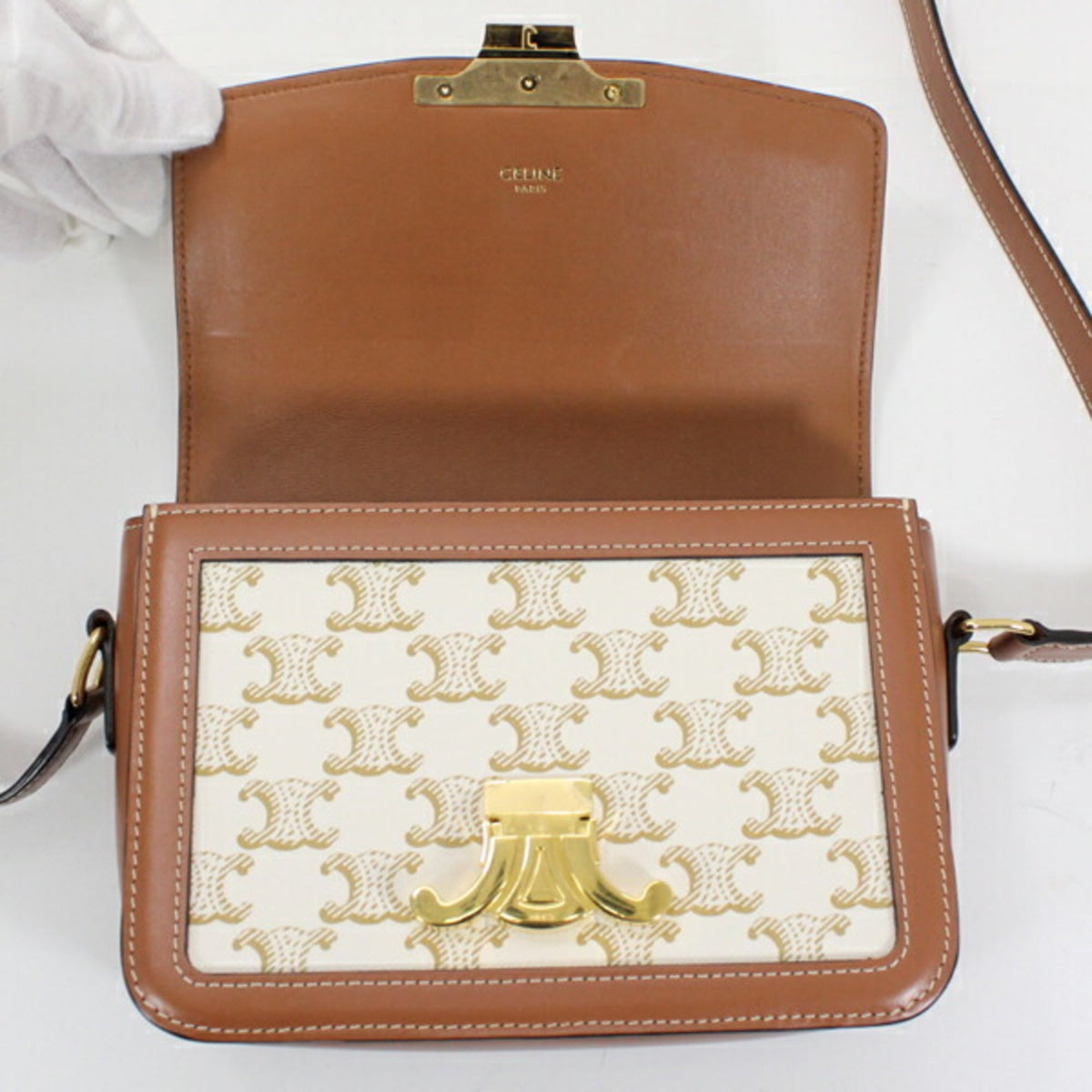 Celine Brown White Canvas Leather Shoulder Bag (Pre-Owned)