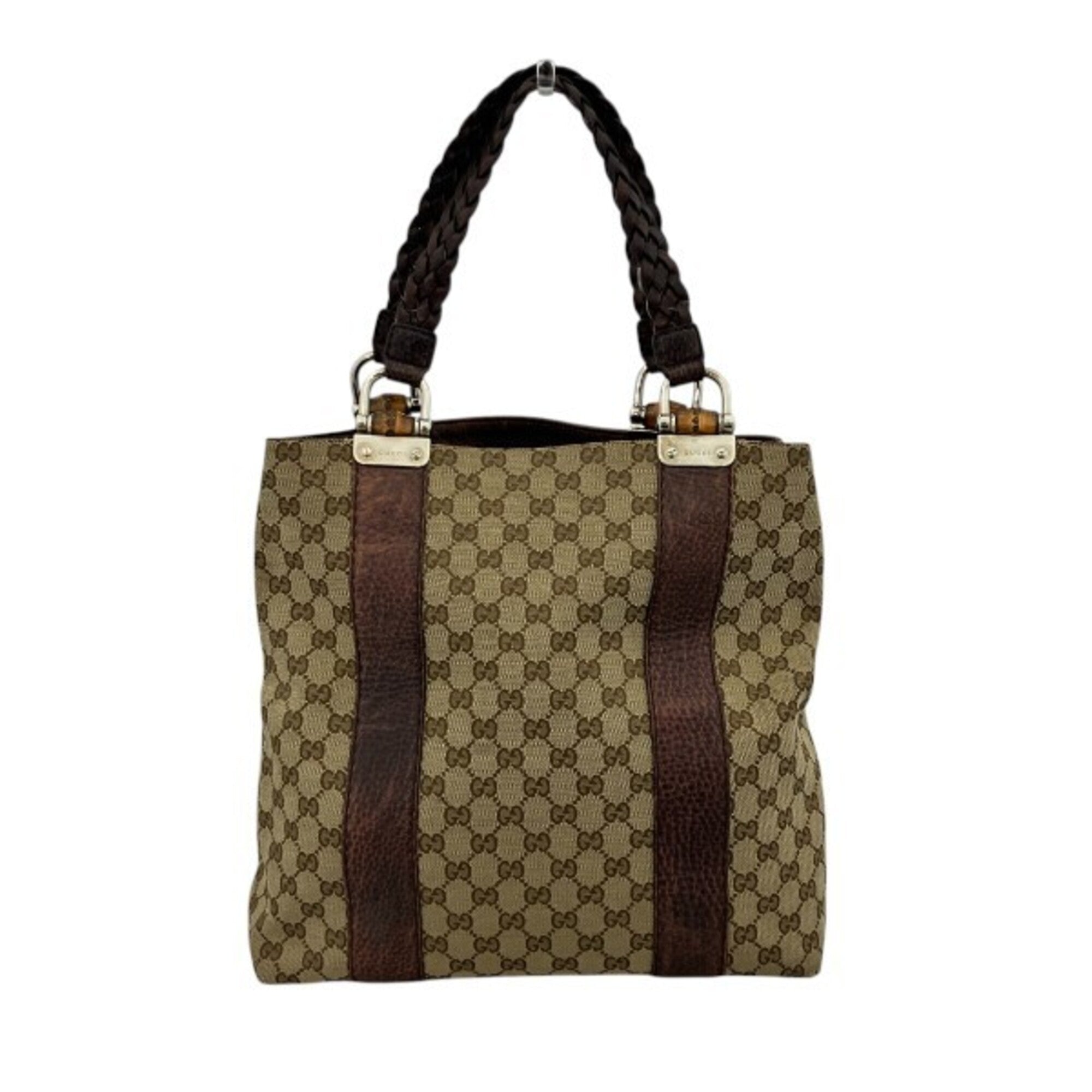 Gucci Beige Brown Canvas Leather Handbag Tote Bag (Pre-Owned)