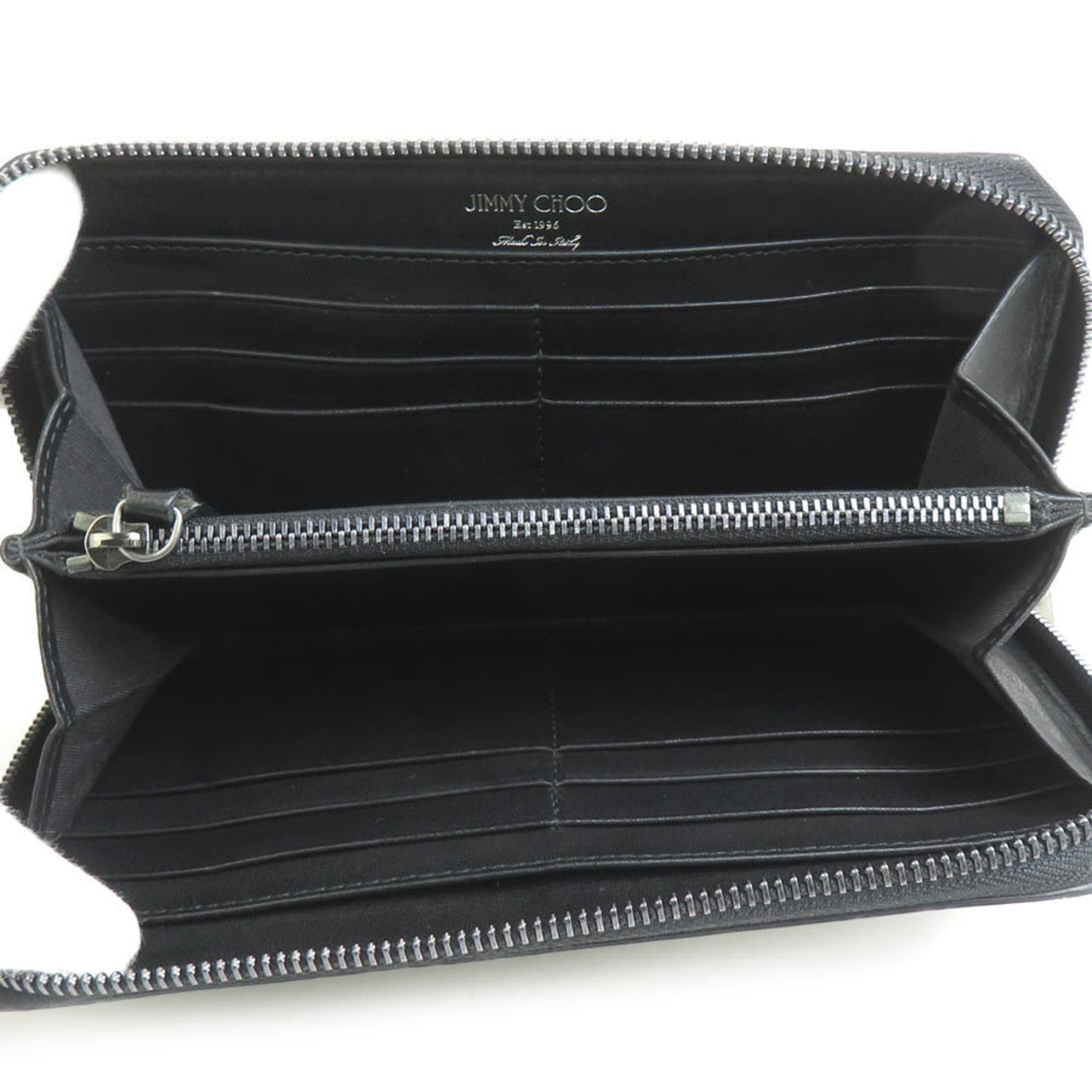 Jimmy Choo Black Gray Leather Metal Long Wallet (Bi-Fold) (Pre-Owned)
