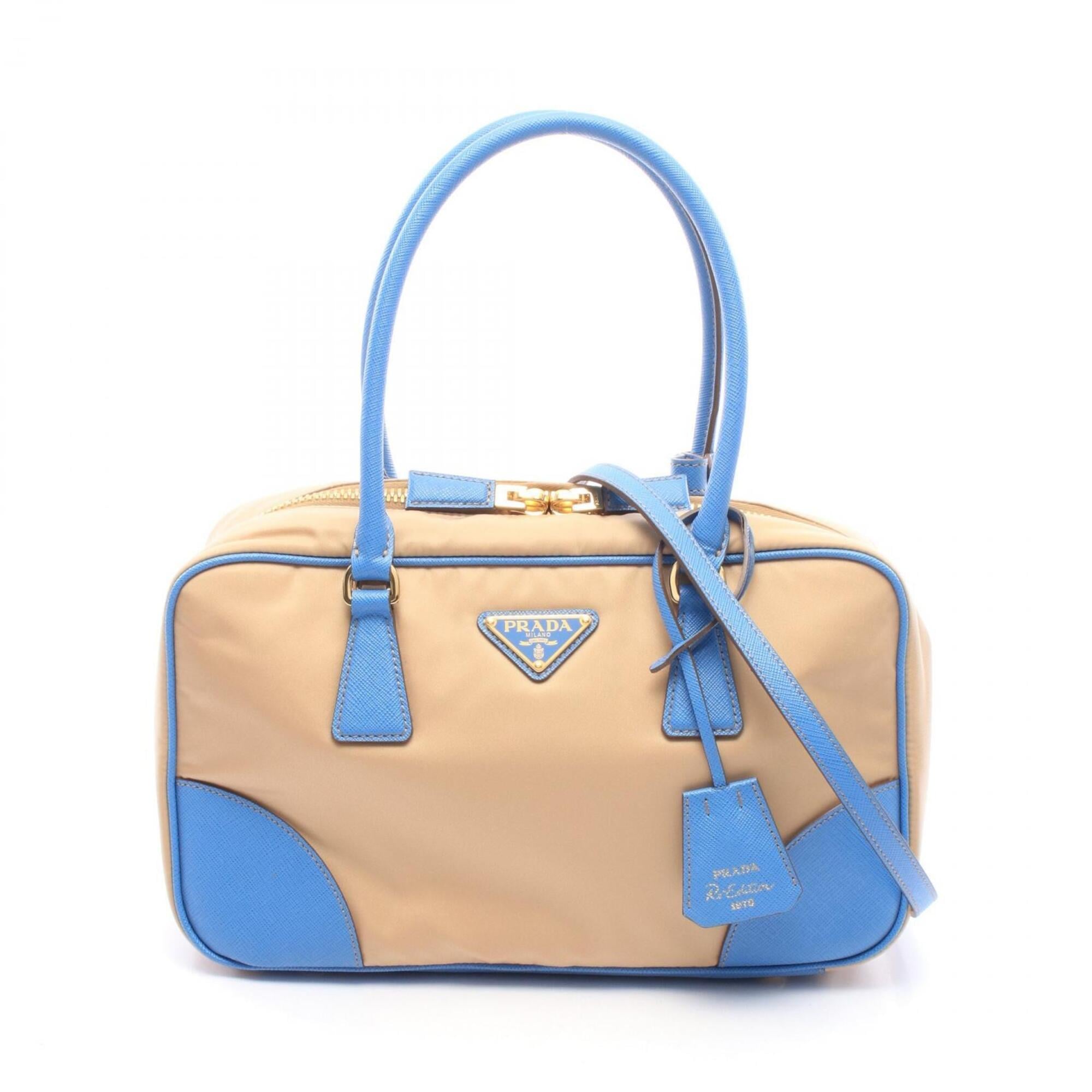 Prada Beige Blue Nylon Leather Handbag (Pre-Owned)