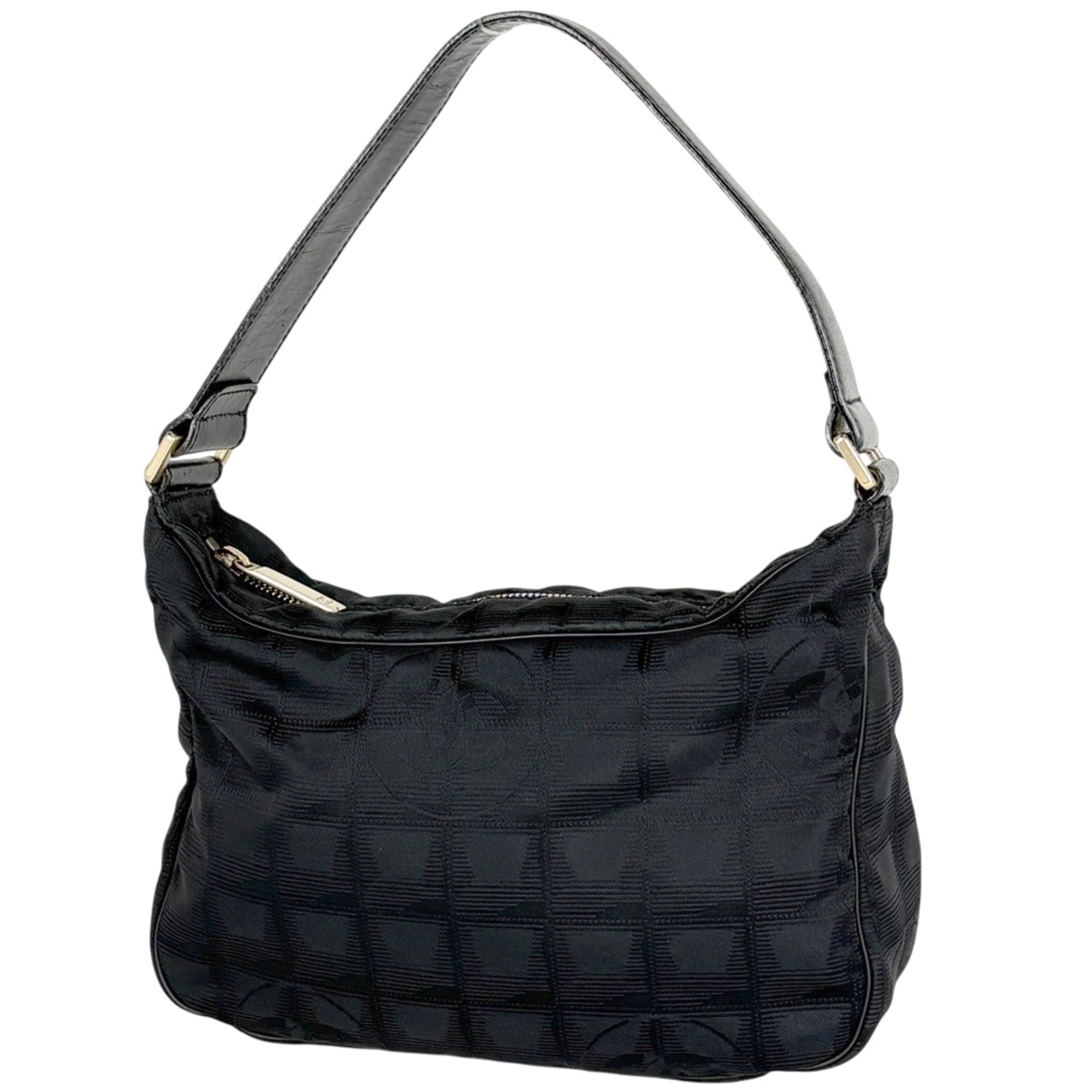 Chanel New Travel Line Black Jacquard Leather Shoulder Bag (Pre-Owned)