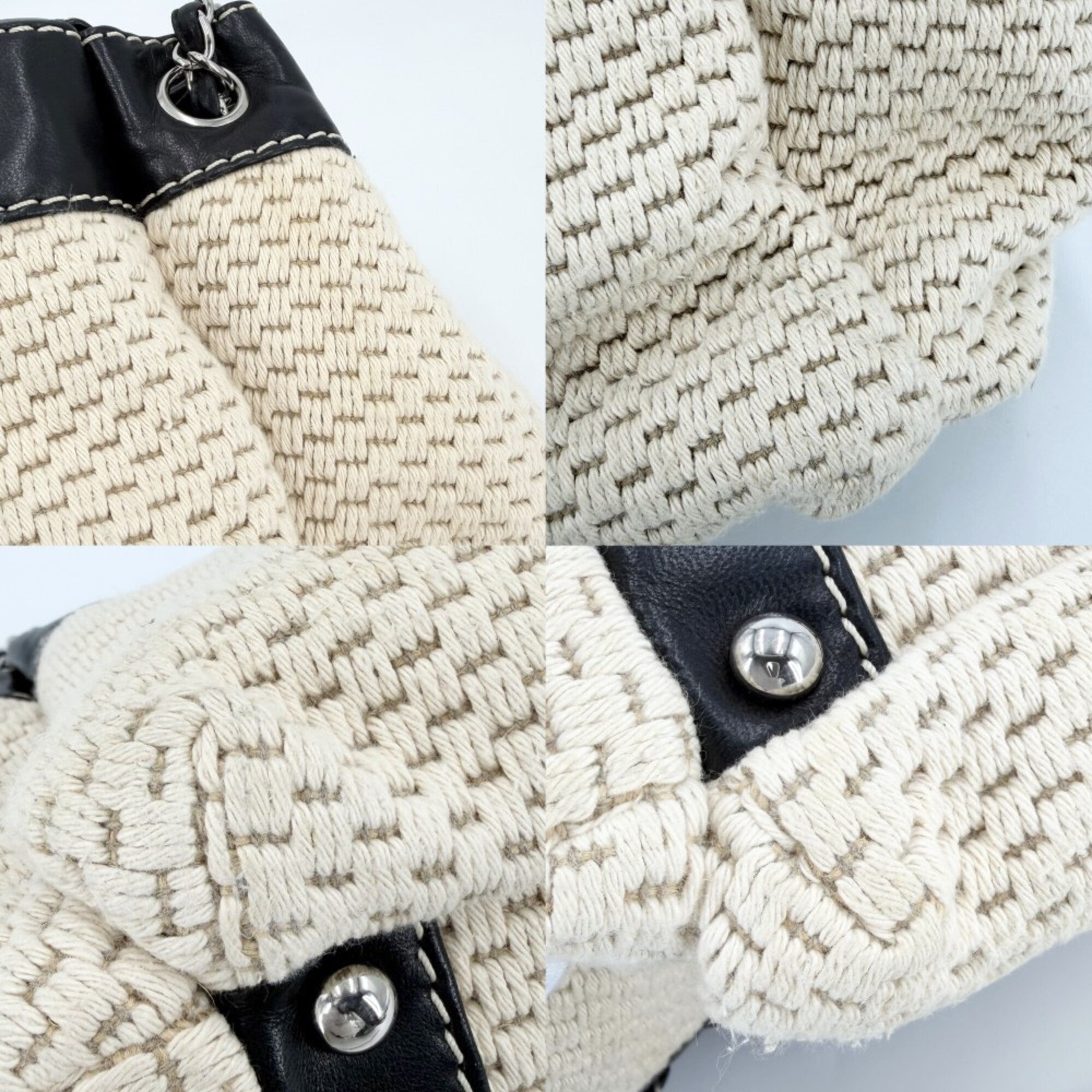 Chanel Beige Black Leather Canvas Handbag (Pre-Owned)