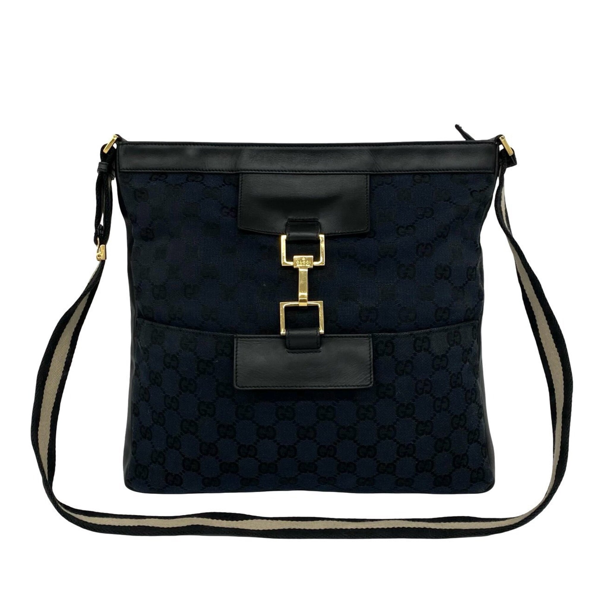 Gucci Black Navy Canvas Leather Shoulder Bag Tote Bag (Pre-Owned)