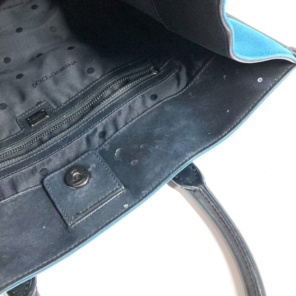 Dolce & Gabbana Black Blue Leather Canvas Shopping Bag Shoulder Bag Tote Bag (Pre-Owned)