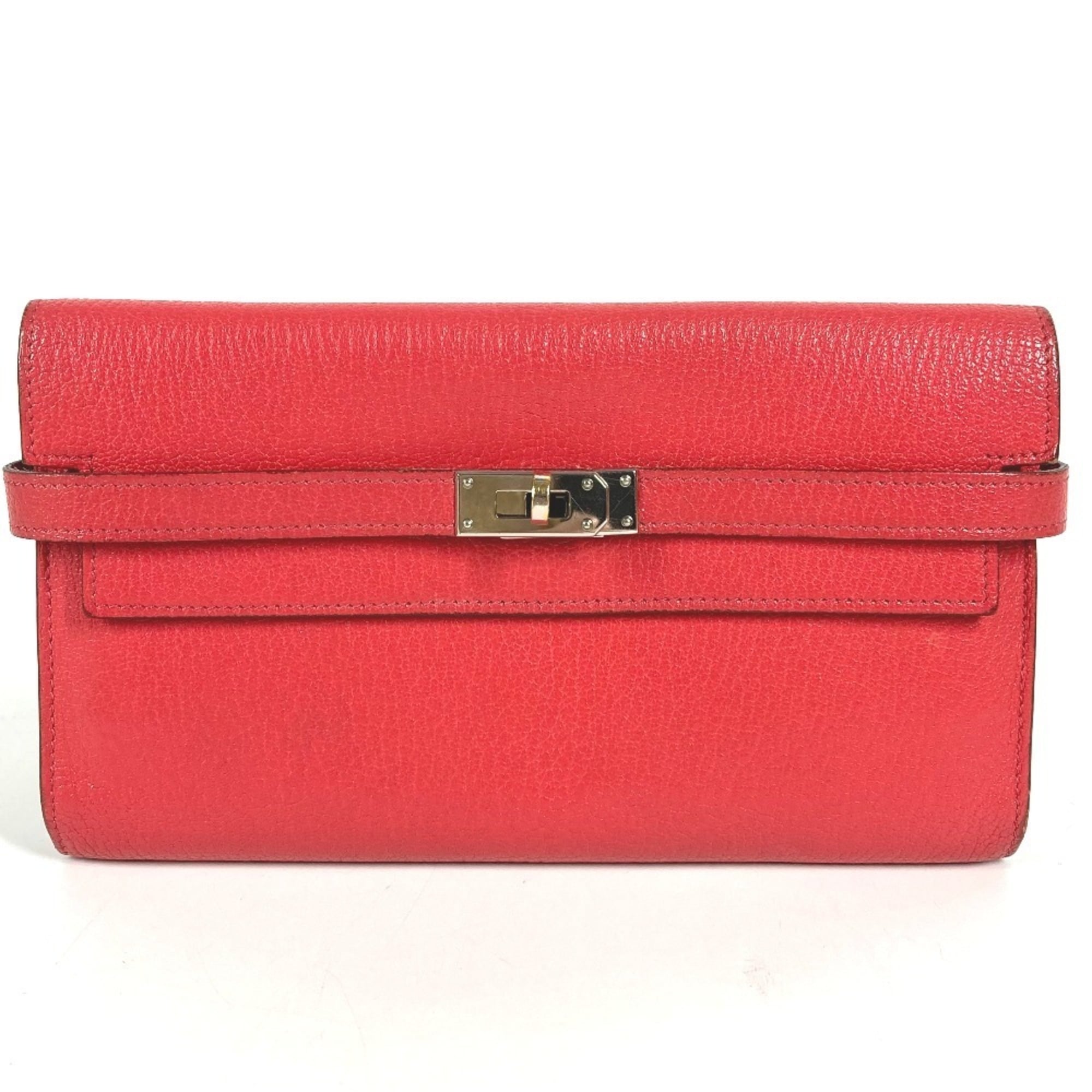 Hermes Red Color Chevre Leather Long Wallet (Bi-Fold) (Pre-Owned)